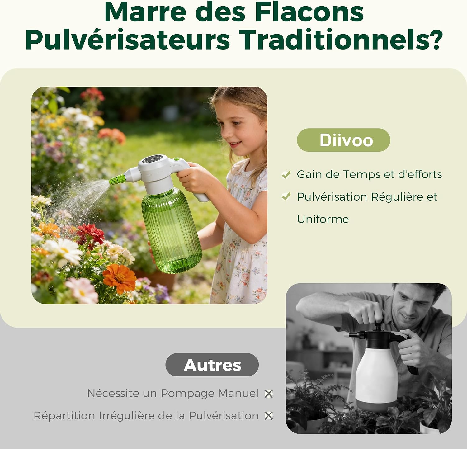 Thumbnail 1 de Diivoo Pulvérisateur Électrique 2L — 3 Vitesses & 2 Modes (Brouillard et Jet) + Réservoir Transparent