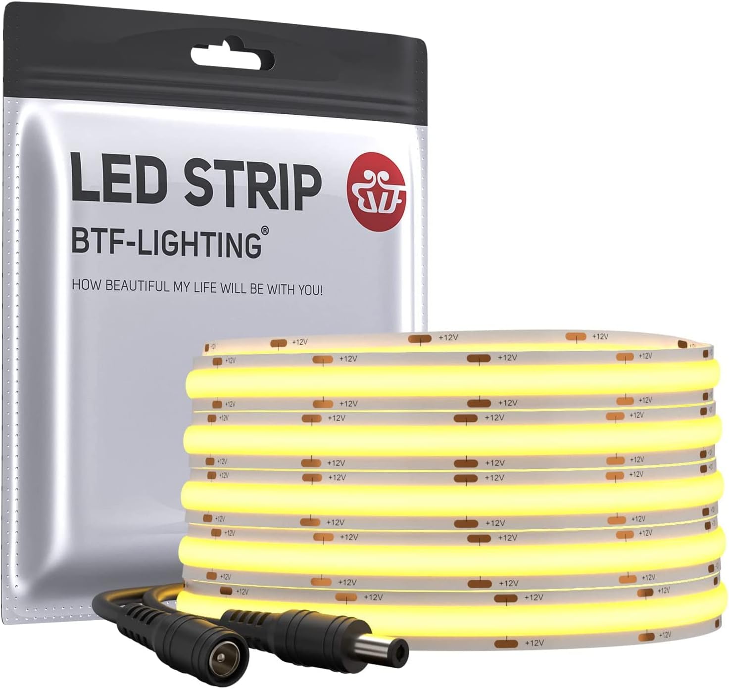BTF-LIGHTING FCOB Flexibler LED-Streifen 5 m (480 LEDs), Warmweiß, 9 W/m, 12 V, dimmbar