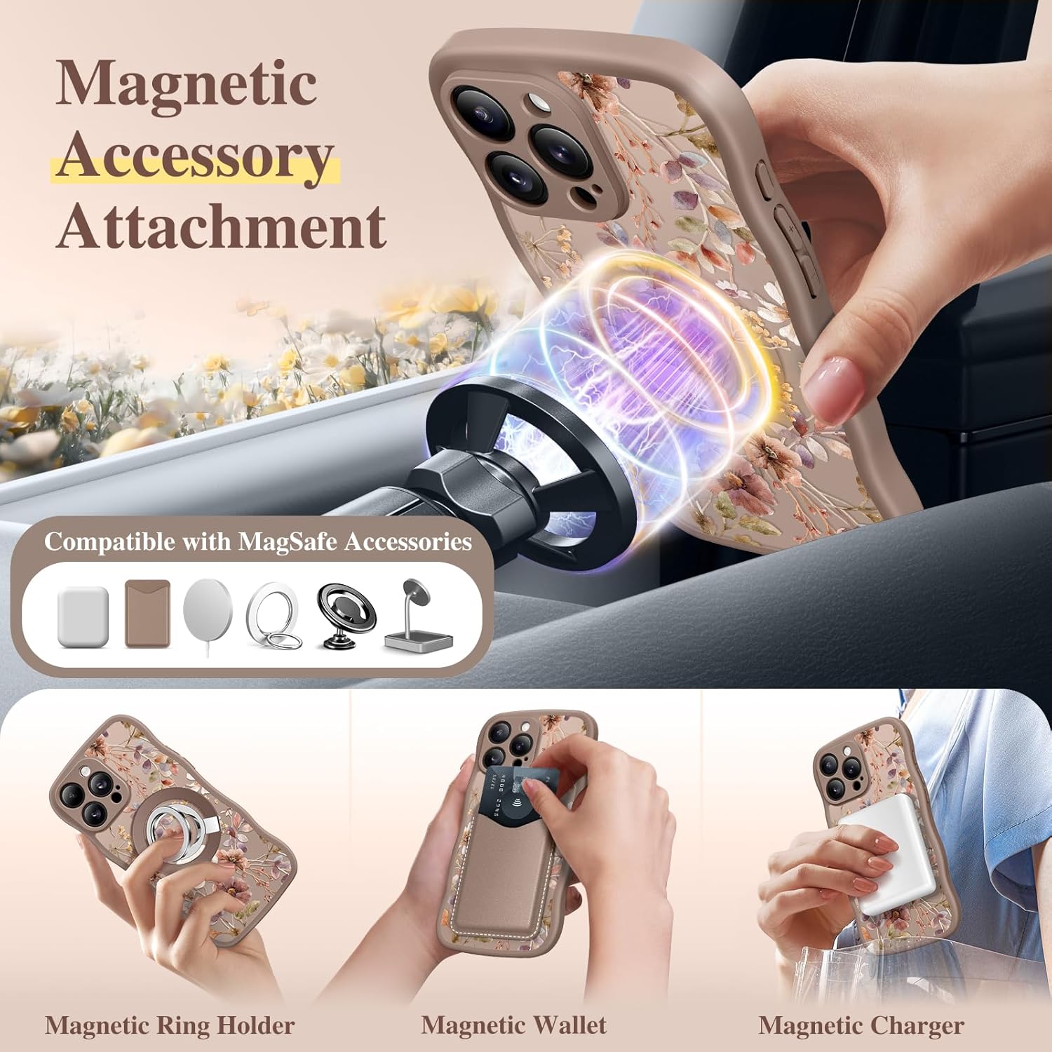 Thumbnail 3 de GVIEWIN iPhone 16 Pro Case (6.3-inch, 2024) with MagSafe Magnetic Ring, Floral Translucent Shockproof Protection