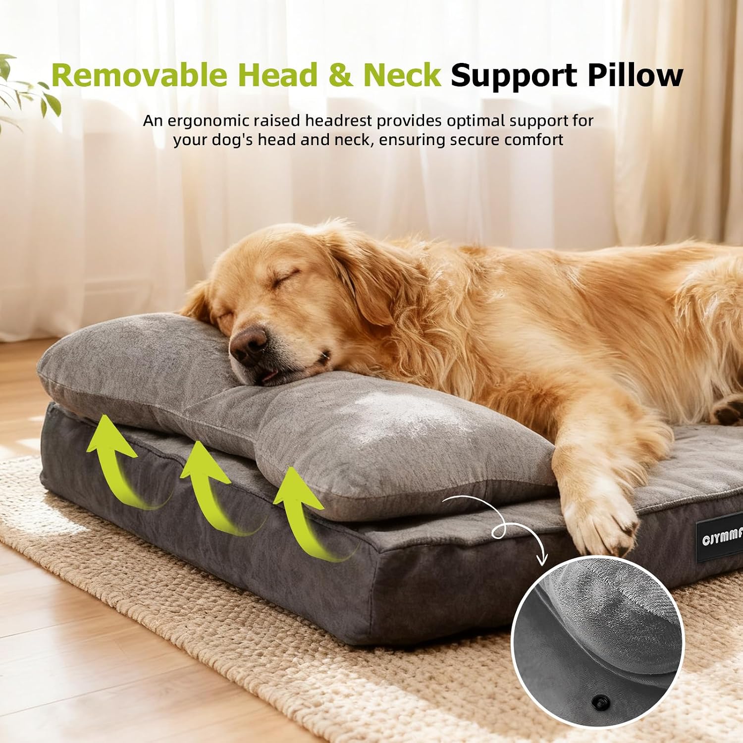 Detalle de Orthopedic Dog Bed with Removable Headrest Bolster and Waterproof Cover
