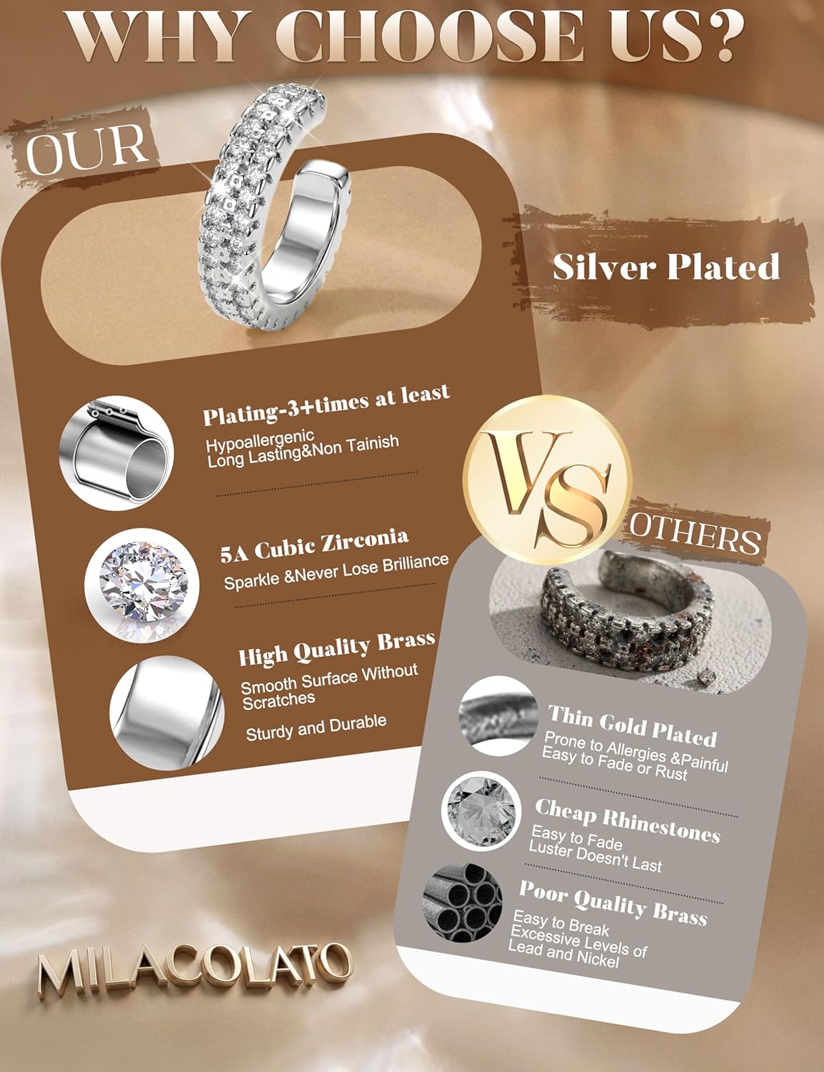 Thumbnail 3 de MILACOLATO 3er-Set Ear Cuffs (Gold & Silber), Clip-Ohrclips ohne Ohrloch mit CZ-Optik in Geschenkbox