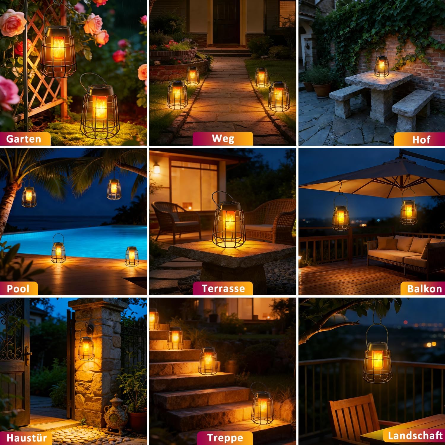 Thumbnail 6 de 2 lanterne solari con effetto fiamma reale per esterni, IP65 - decorazione elegante per giardino, balcone e terrazza
