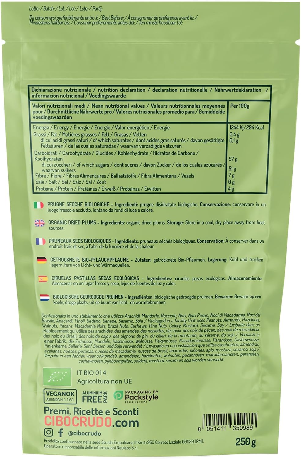 Detalle de Prugne Secche Denocciolate Bio Senza Zucchero – 250 g | CiboCrudo