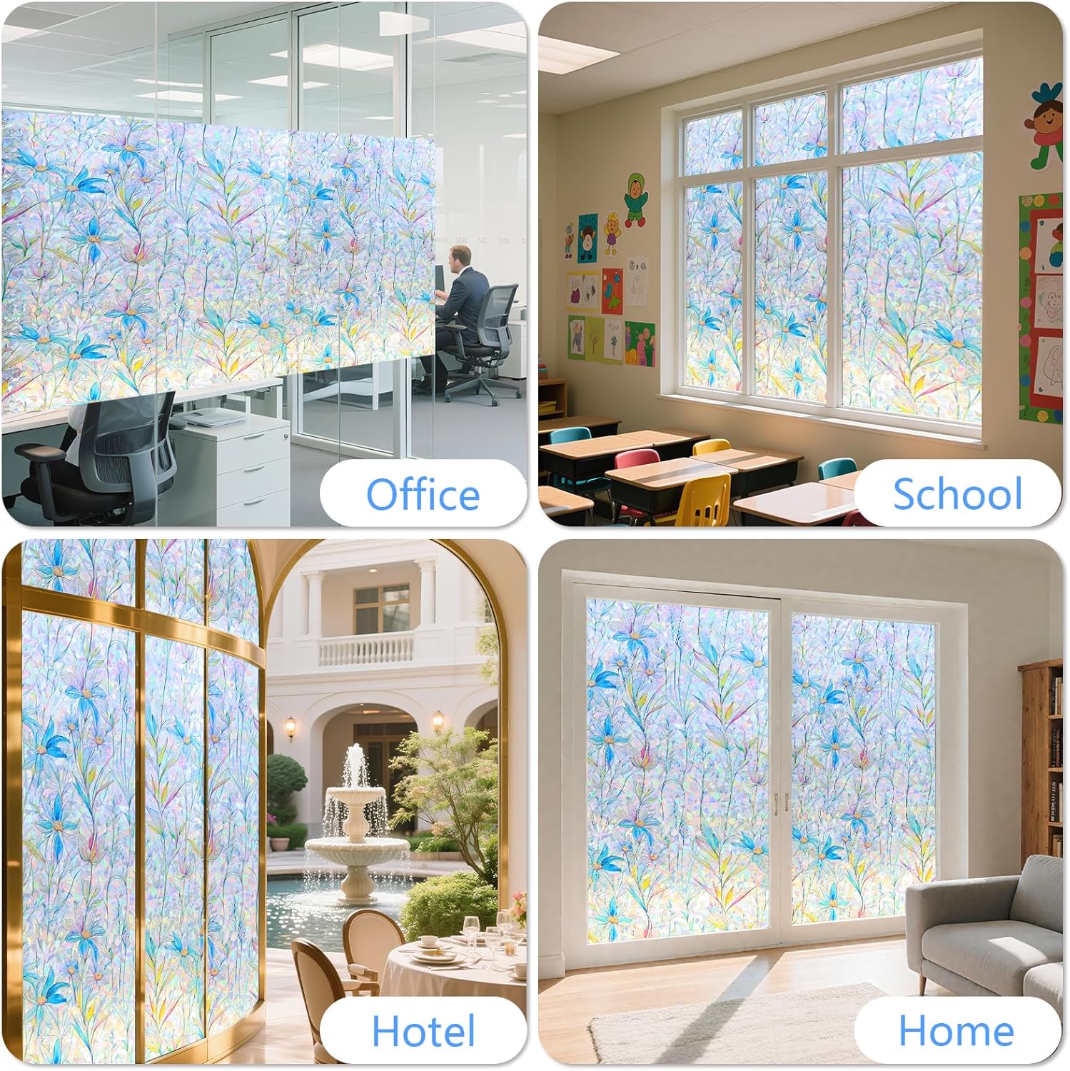 Thumbnail 5 de FINNEZ Fensterfolie – Selbstklebende statische Klebefolie, Regenbogen-Blumenmuster, Blau, 90 × 400 cm
