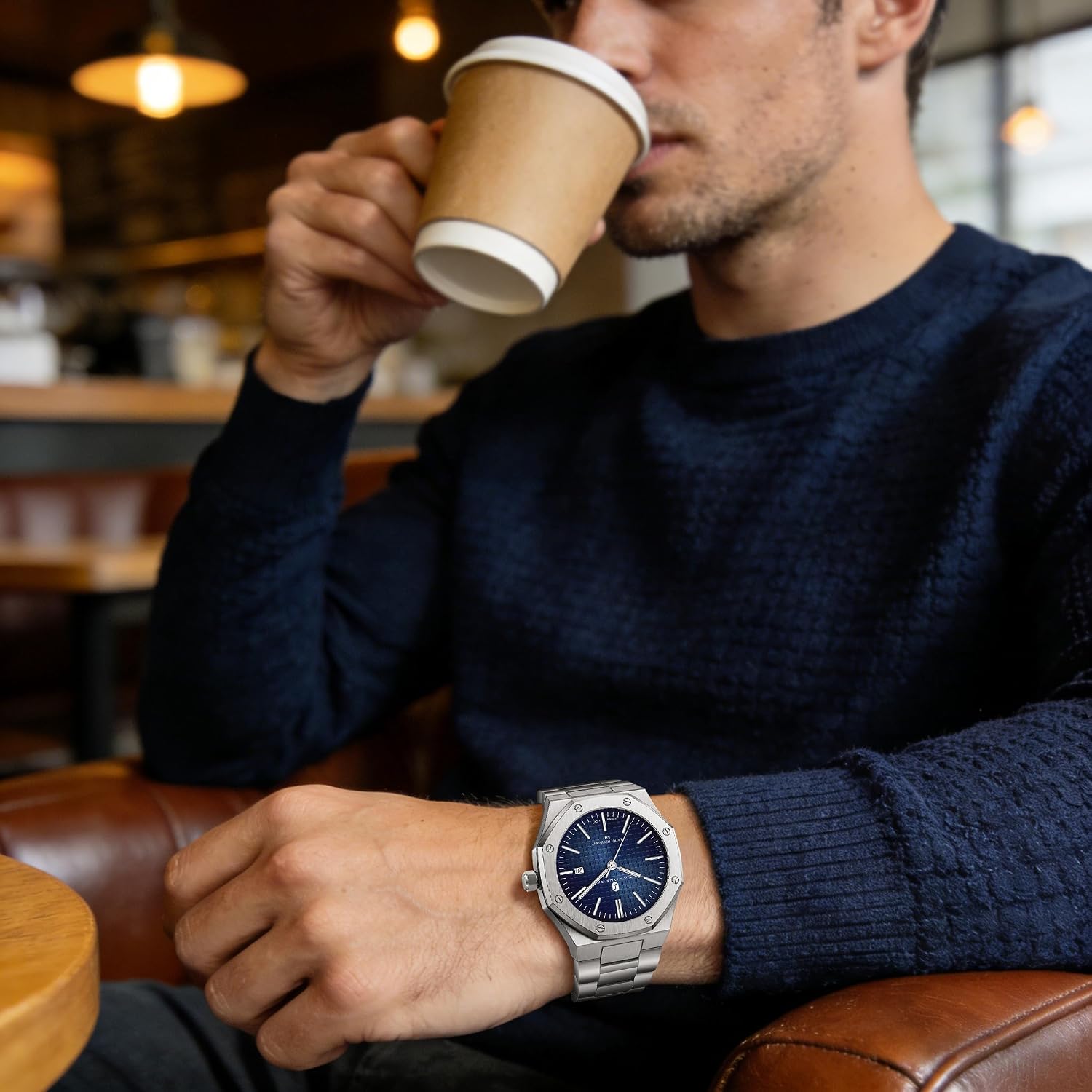Detalle de SAPPHERO montre homme octogonale en acier à quartz japonais – cadran damier, étanchéité 10/30M