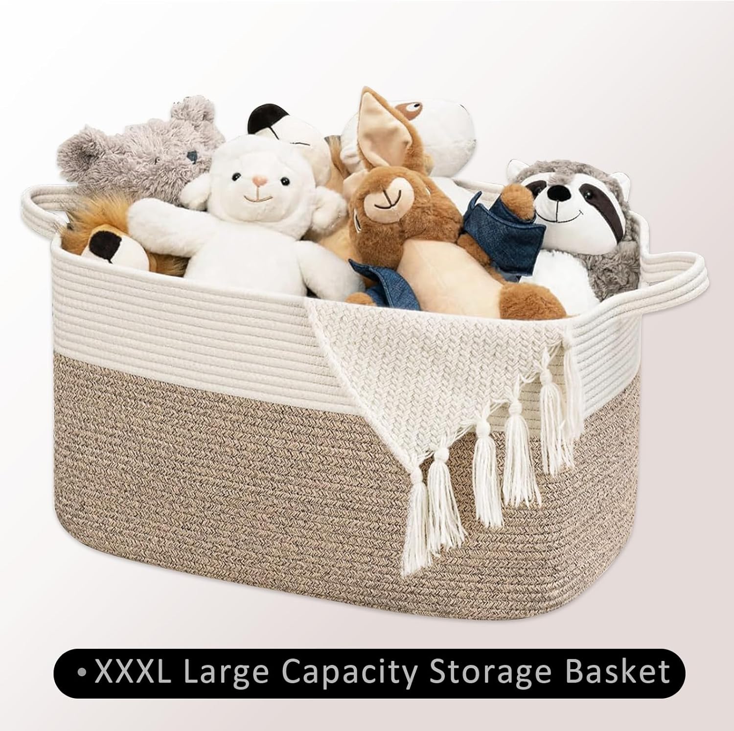 Thumbnail 6 de Large Foldable Woven Cotton Laundry Basket with Handle (Brown & White), 55 x 38 x 30cm