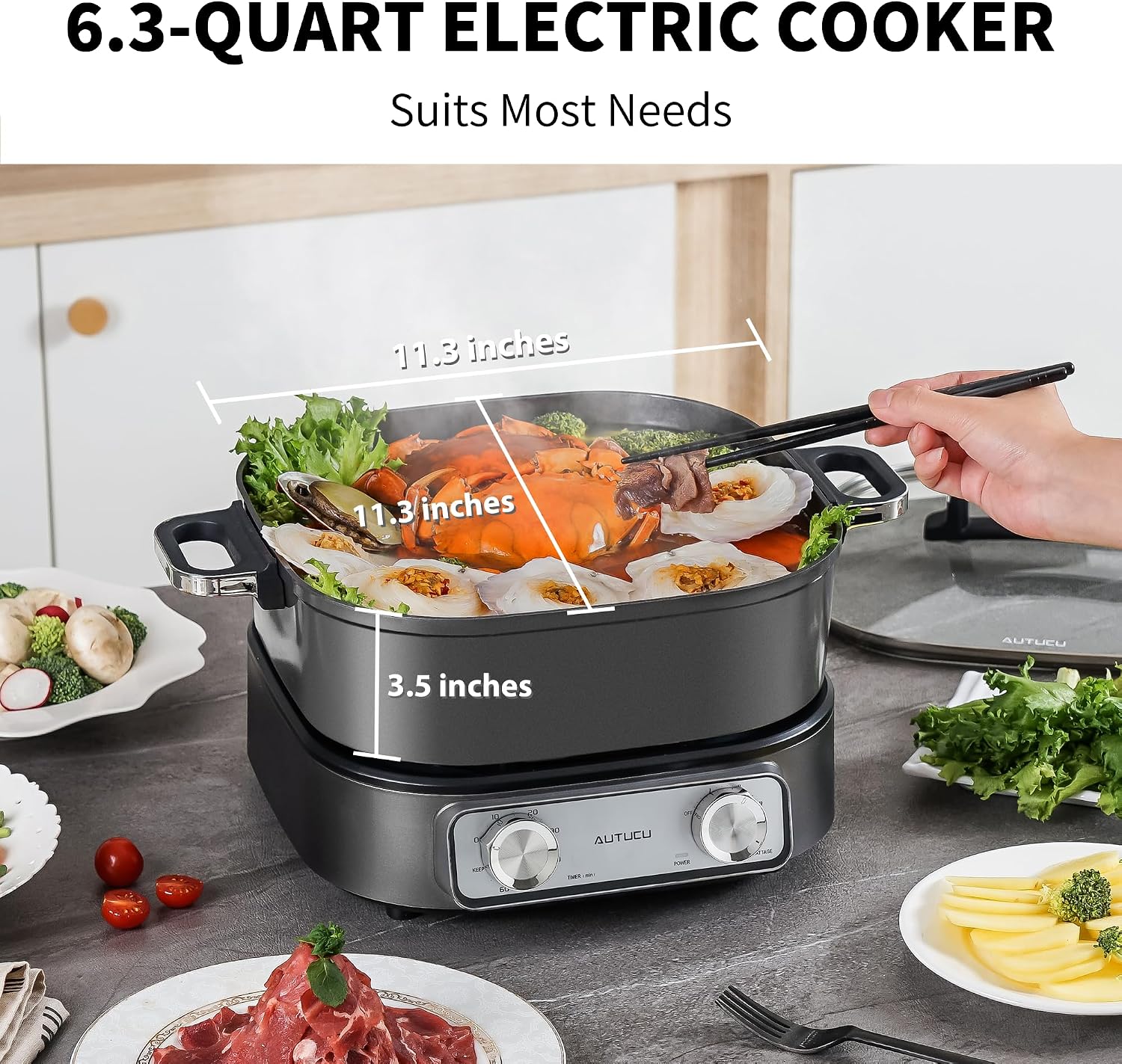 Detalle 2 de AUTUCU Electric Skillet 6-Quart, 1600W