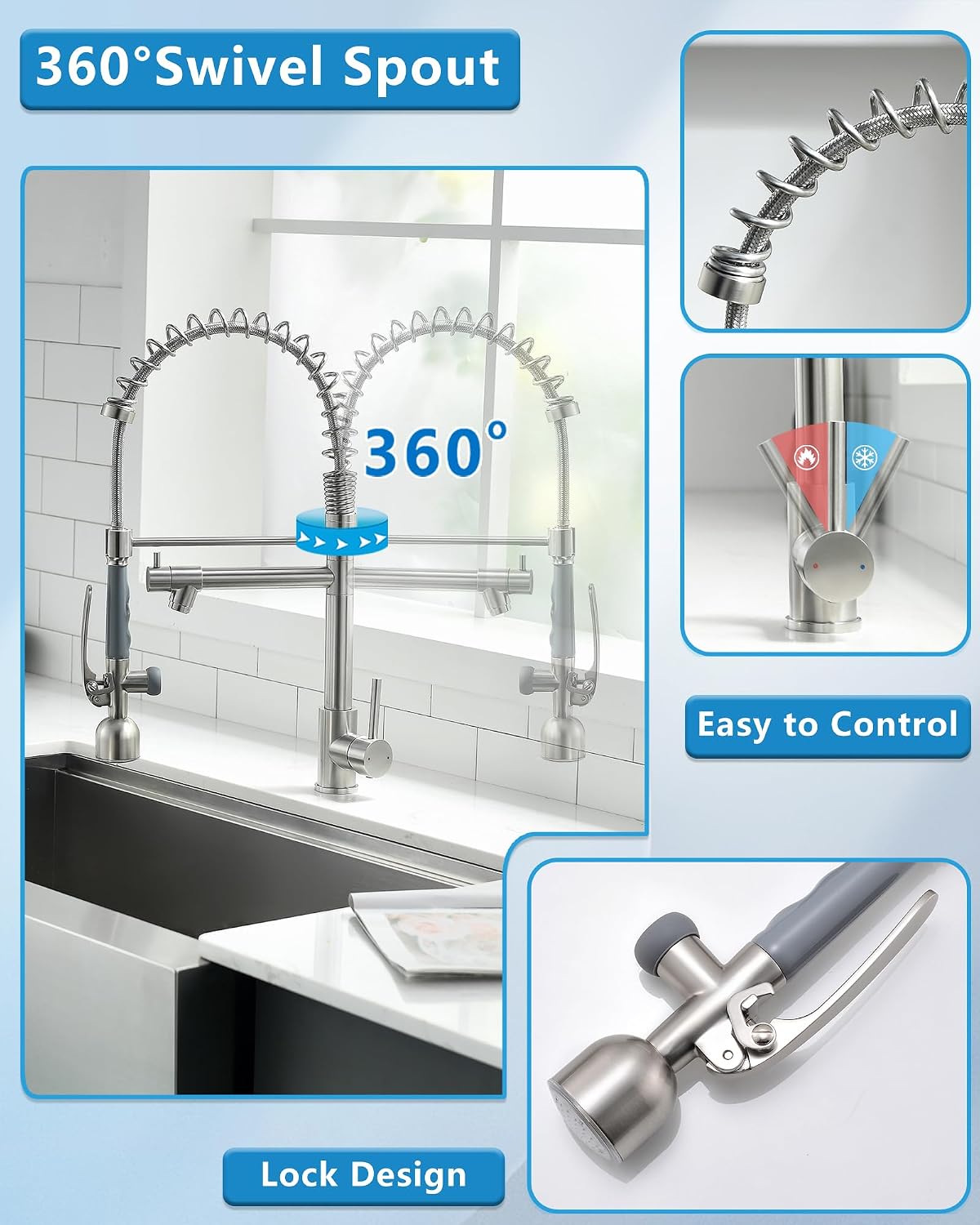 Detalle 1 de Fapully 100550LED Commercial Kitchen Faucet with Pull-Down Sprayer, Brushed Nickel