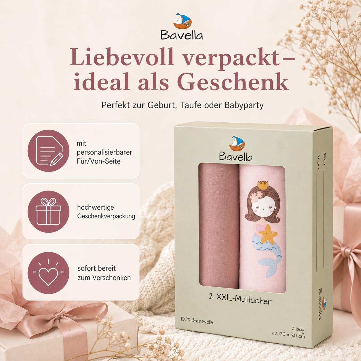 Thumbnail 6 de Bavella 2er Set XXL Musselin Baby Decke & Tuch – 120 × 120 cm, ÖKO-TEX zertifiziert