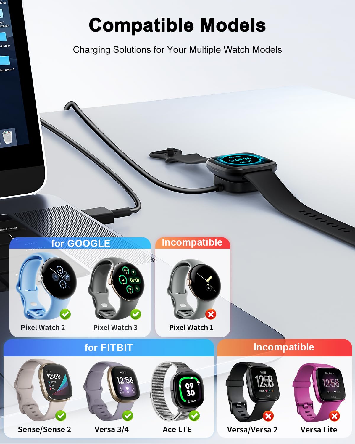 Thumbnail 1 de Ladekabel-Ersatzset für Fitbit Versa 4/3 & Sense 2/1: 2er Set mit 1 m und 30 cm