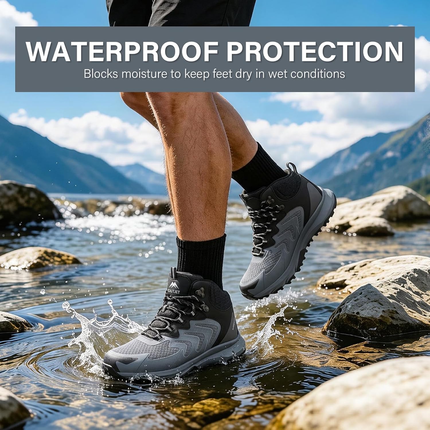 Detalle 2 de OUTJET Men's Waterproof Hiking Boots: Lightweight, Breathable, and Rugged for Outdoor Trails