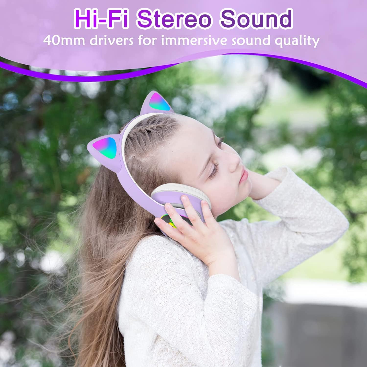 Thumbnail 1 de TOKANI Kids Headphones for School: Bluetooth Cat Ear Headphones with Microphone (Purple)