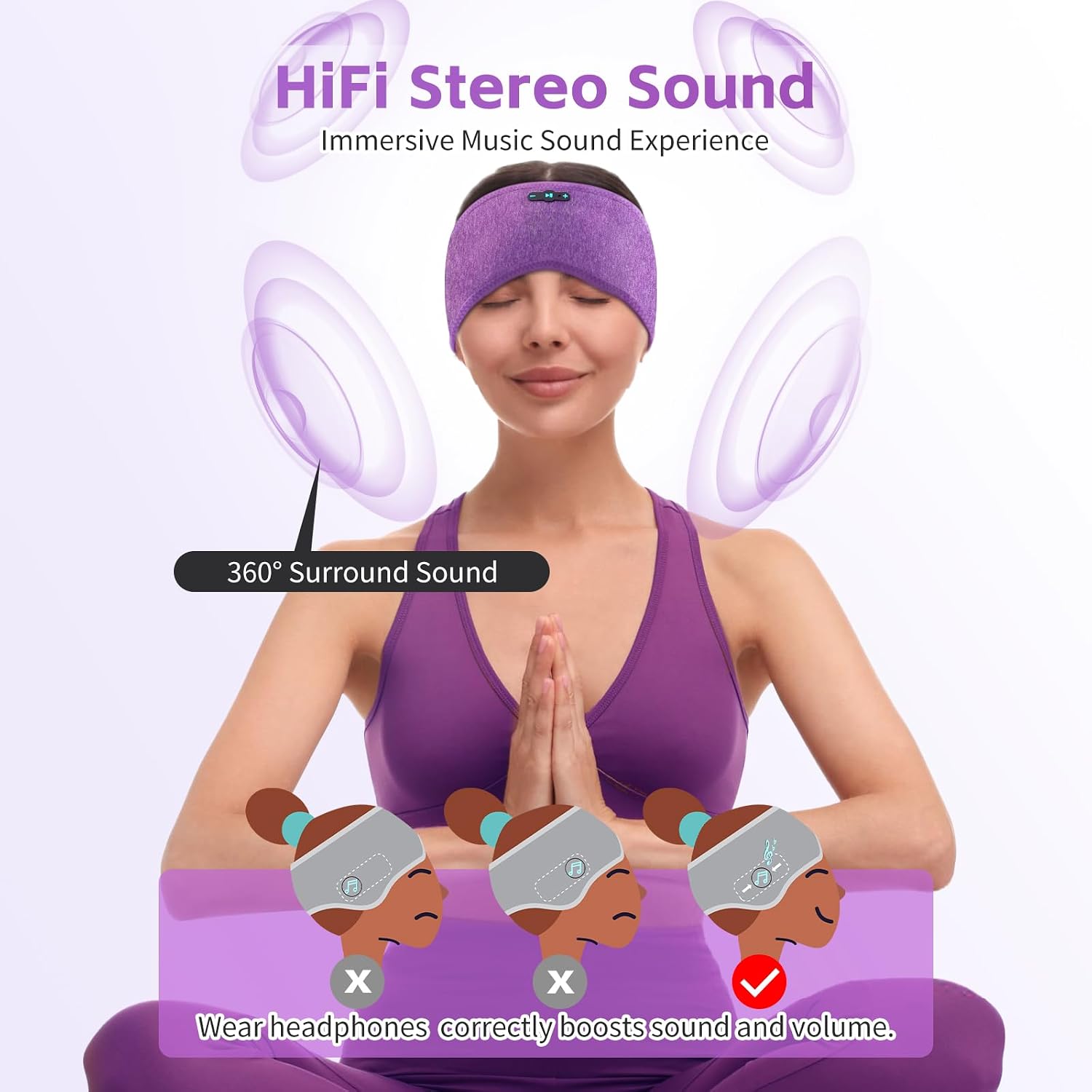 Detalle 2 de Veeniitosr Sleep Headphones Bluetooth 6.0 Headband (Grey & Purple) – 2-in-1 Sleep & Sport Headband