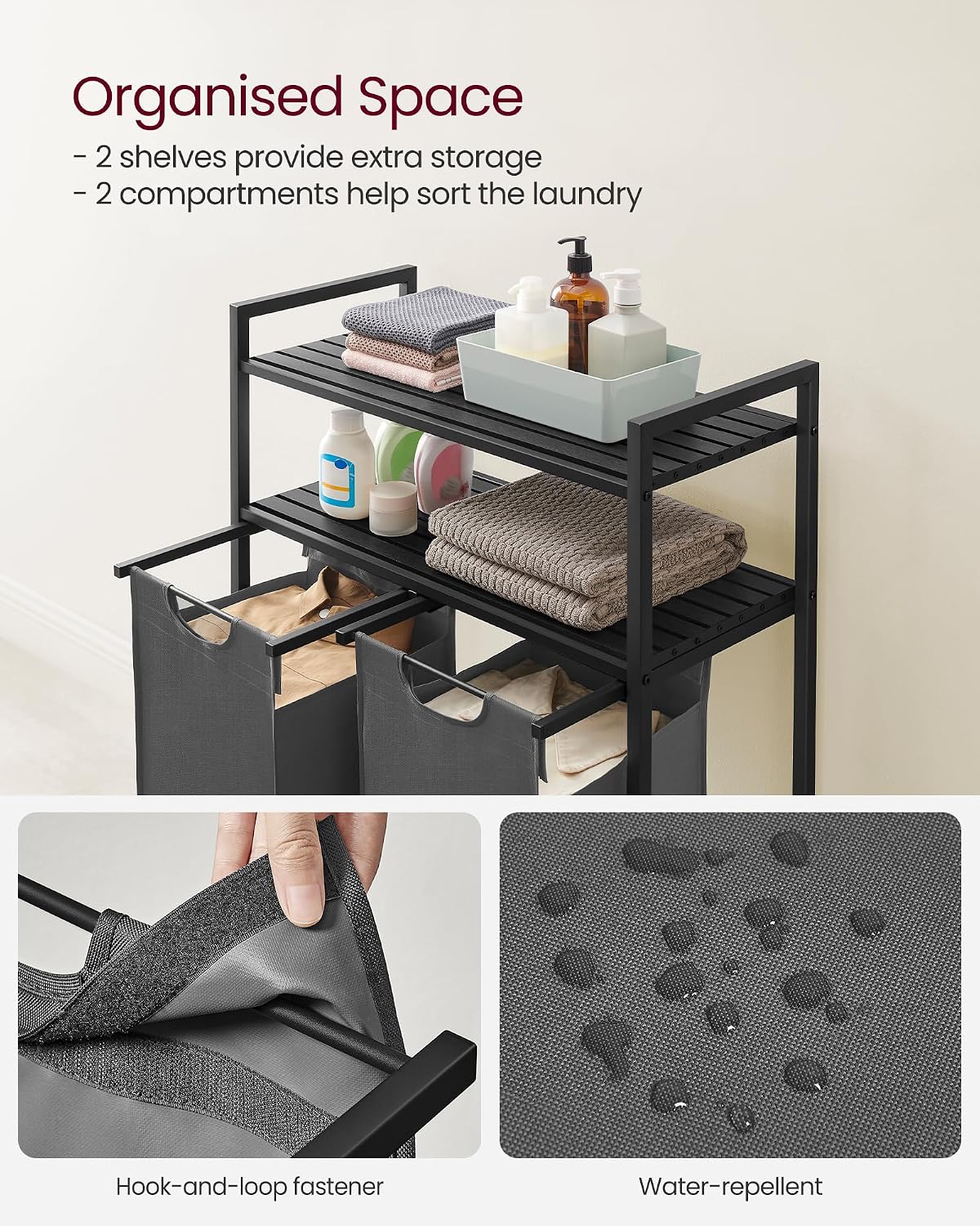 Detalle 1 de VASAGLE BLH211G01 Laundry Basket, 92L with Two Compartments and Shelves