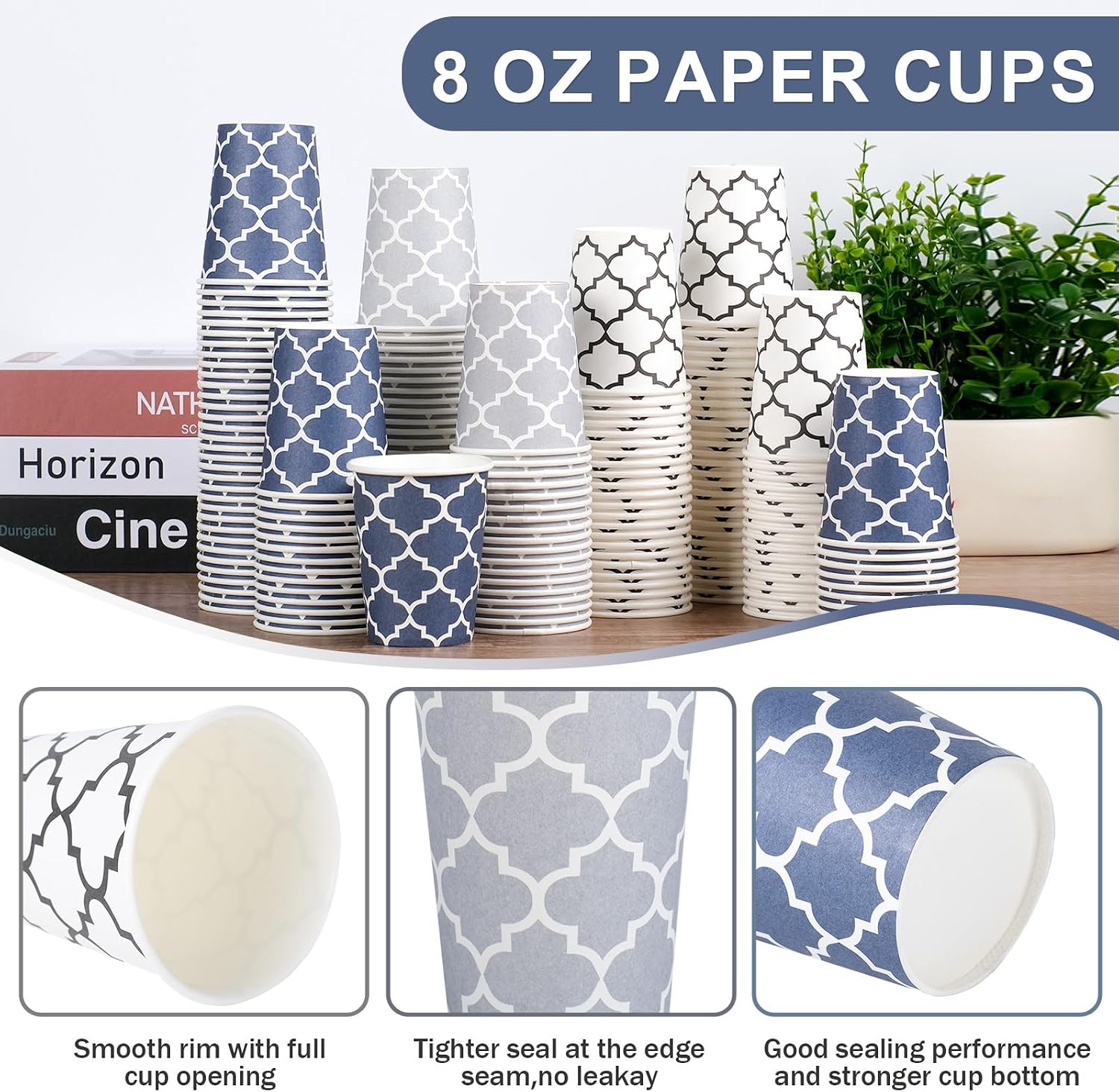 Detalle de Clawsoff 300 Pack 8 oz Paper Cups – Leak-Proof Disposable Coffee Cups for Hot & Cold Drinks