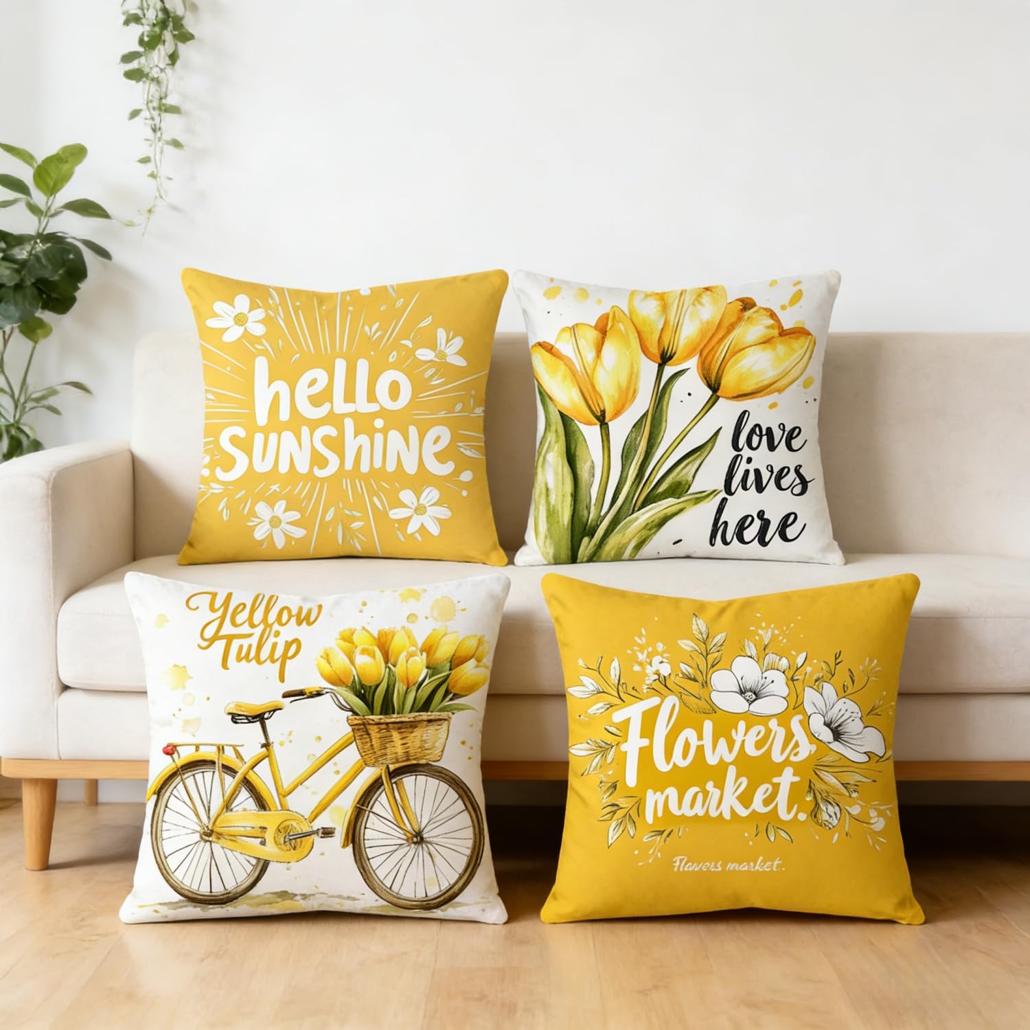Detalle 2 de PVOODIRE Gelbe Kissenbezüge 40x40 cm – 4er Set aus Leinen mit Blumenmuster