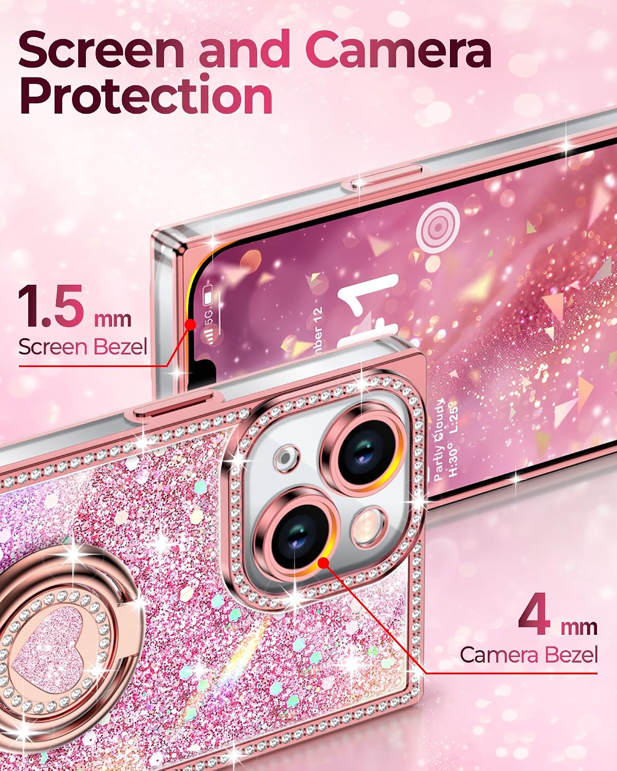 Detalle 2 de XYZ Glitter Bling Case for iPhone 14 with 2‑Ring Heart Stand & Lanyard (Pink)