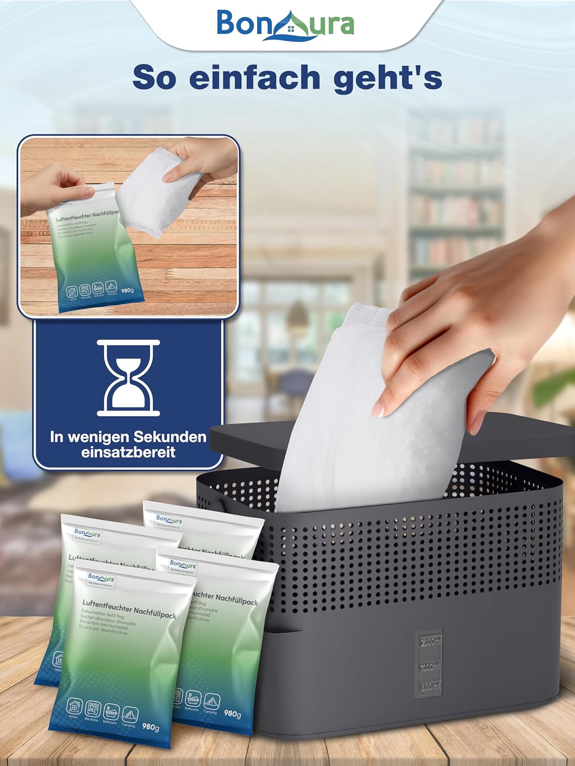 Thumbnail 2 de BonAura® Luftentfeuchter Nachfüllpack 2x 980 g (2er Set) – Granulat gegen Feuchtigkeit, Schimmelgeruch und Kondenswasser