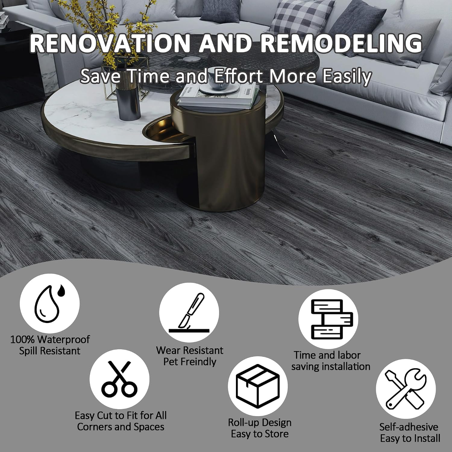 Detalle de Vinyl Flooring Roll 30cm x 5m – Peel & Stick Laminate Wood Effect in Nature Grey