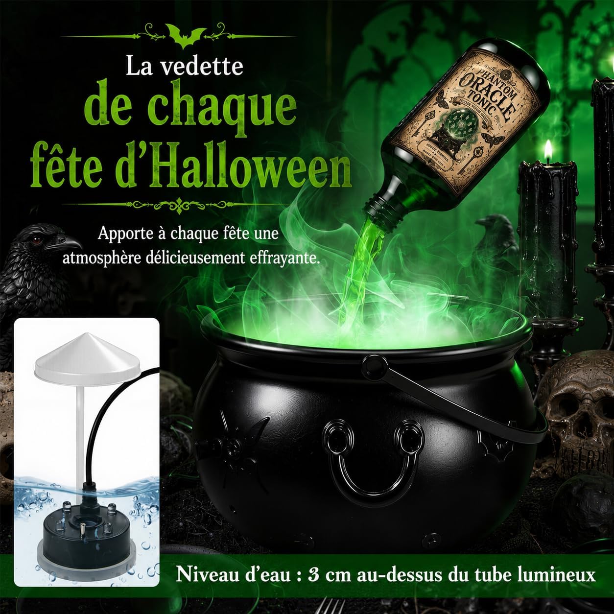 Detalle 2 de ShadowRealmTech 0018 Halloween-heksenketel met USB-vernevelaar en groen licht