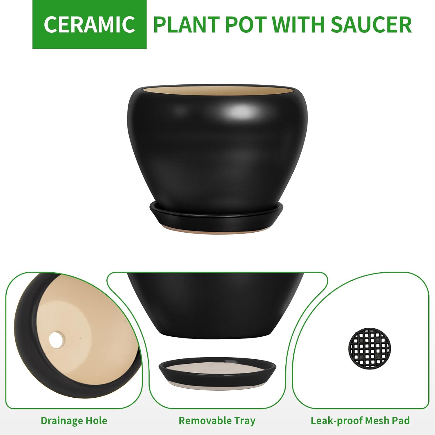 Thumbnail 6 de Deep Dream 6-Inch Ceramic Planter with Drainage Hole and Tray, Matte Black