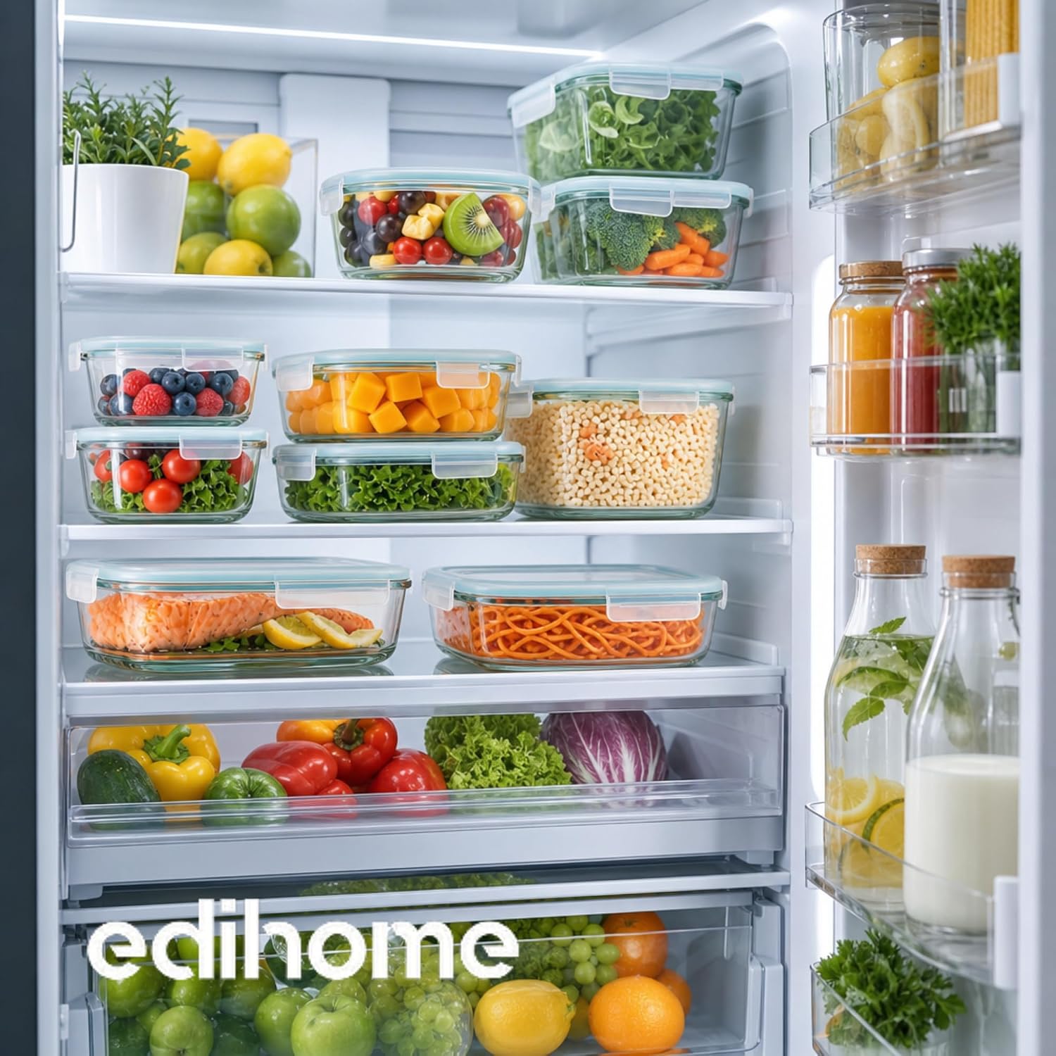 Thumbnail 6 de edihome Recipientes de Cristal para alimentos, 14 piezas: set hermético con tapas y borosilicato, apto lavavajillas, congelador y microondas