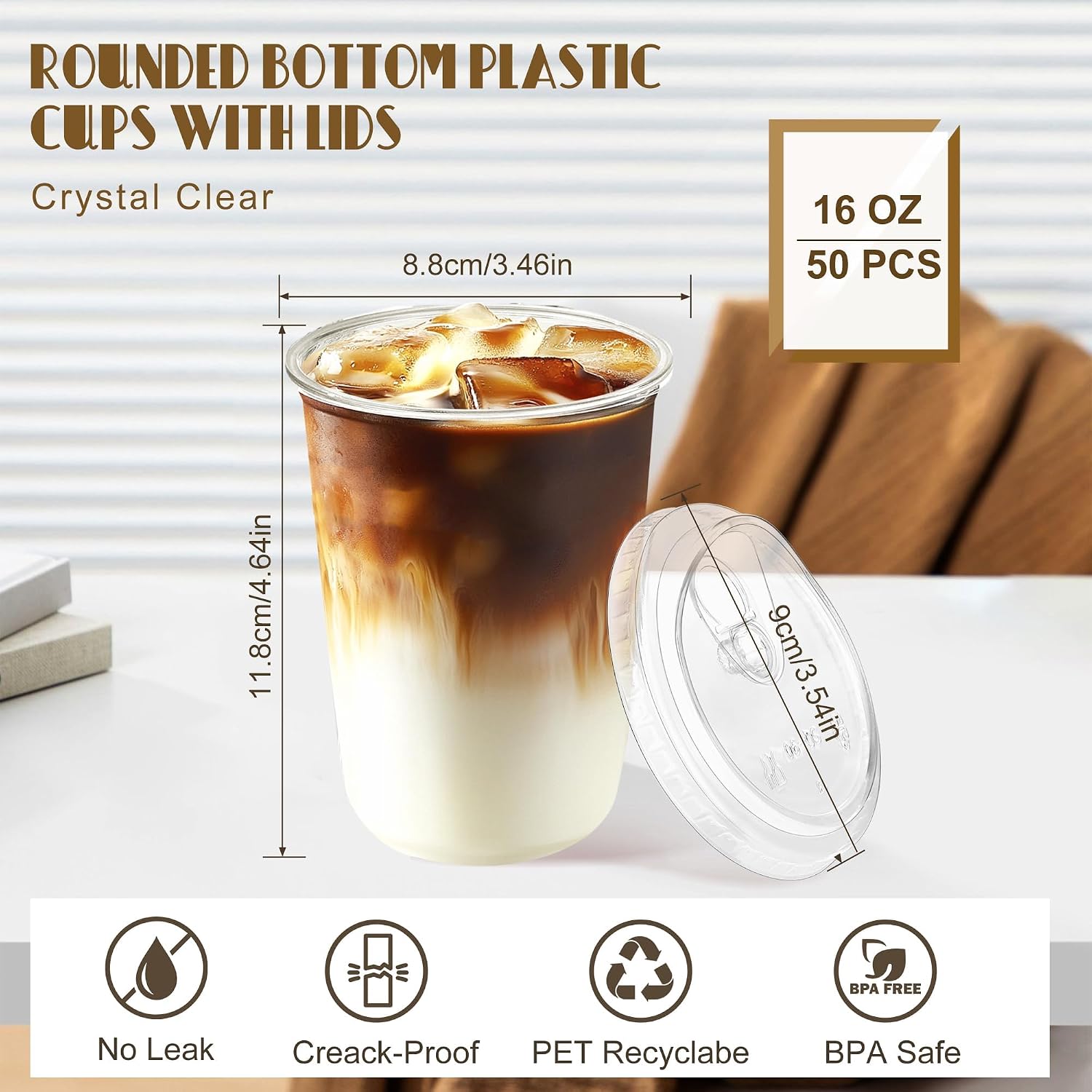 Detalle de KesaPlan D-508 16 oz Clear PET Iced Coffee Cups with Sip Lids, 50 Pack