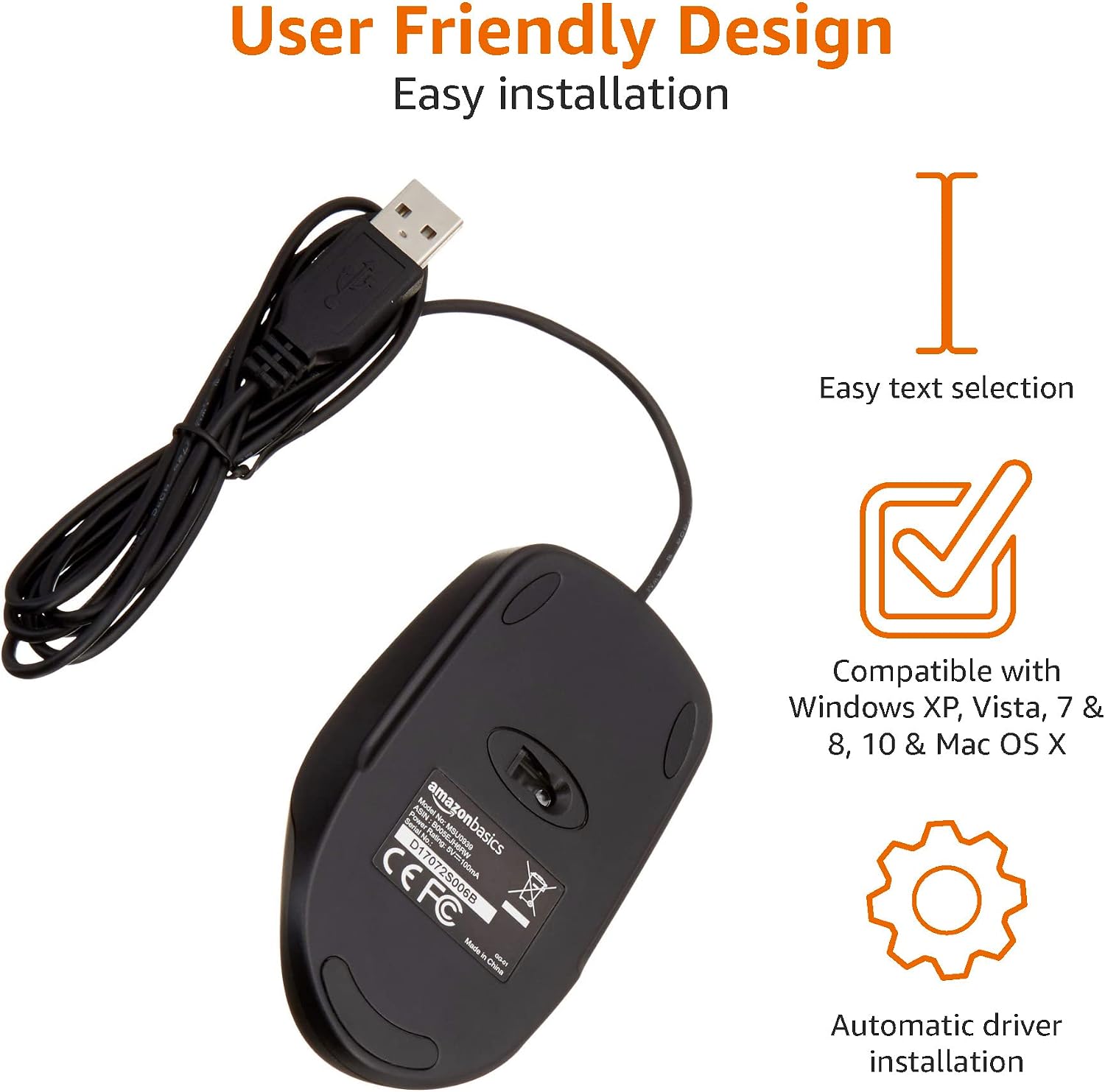 Detalle 2 de Amazon Basics 3-Button USB Wired Mouse (Black) – 30-Pack (1000 dpi)