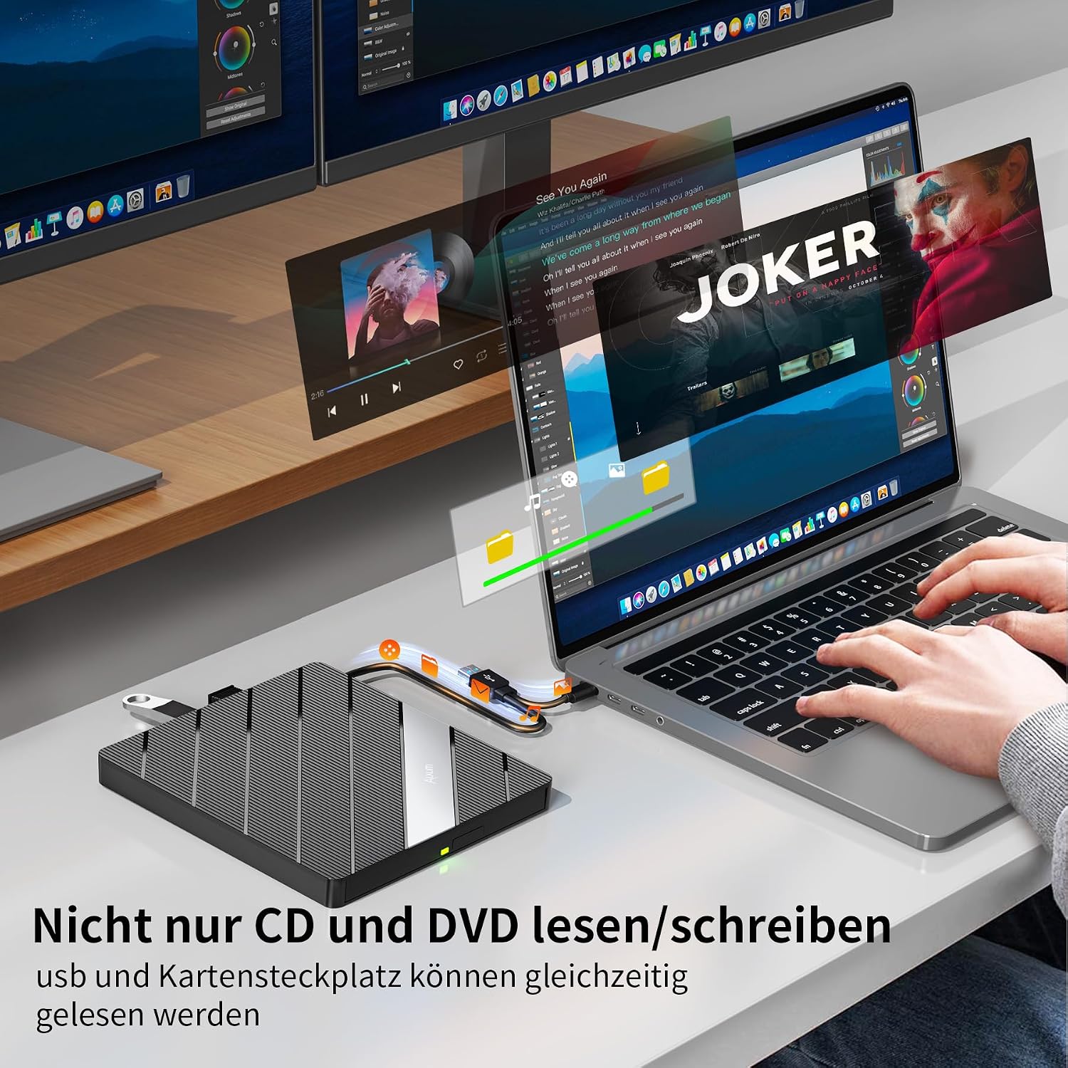 Detalle 2 de Alxum externes DVD-Laufwerk (USB 3.0, Type-C) mit CD-Brenner, SD/TF-Kartenleser