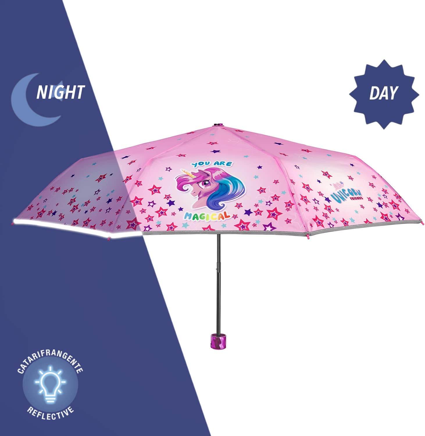 Thumbnail 2 de Ombrello pieghevole rosa con unicorno per bambina, portatile e antivento (diametro 91 cm)