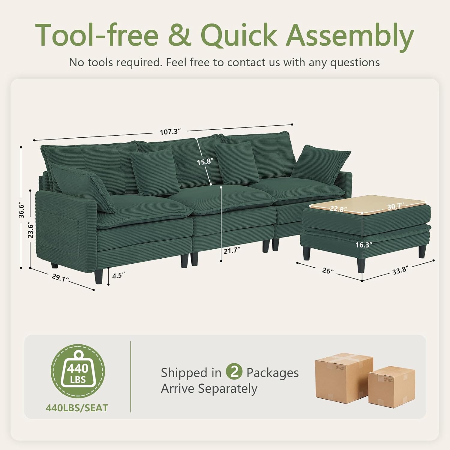 Detalle de Corduroy Sectional Sofa, 107.3-Inch