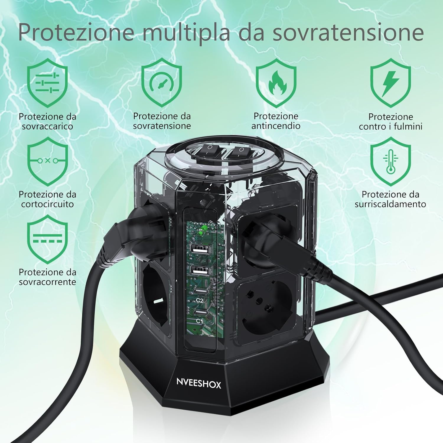 Thumbnail 6 de NVEESHOX Ciabatta multipresa verticale “Ciabatta” con 8 prese Schuko, 2 USB-C (PD 20W) e 2 USB-A, cavo 2 m