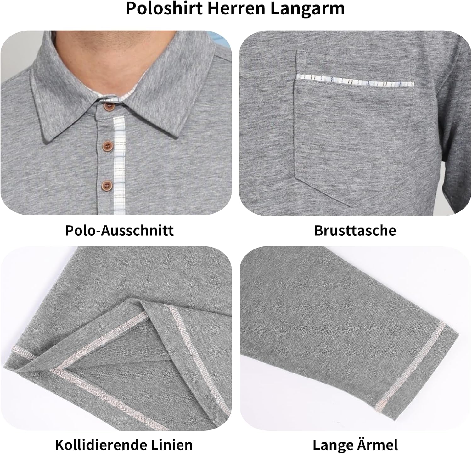 Detalle 2 de LAOARA poloshirt heren met lange mouwen, zak, contrastdetails en regular fit