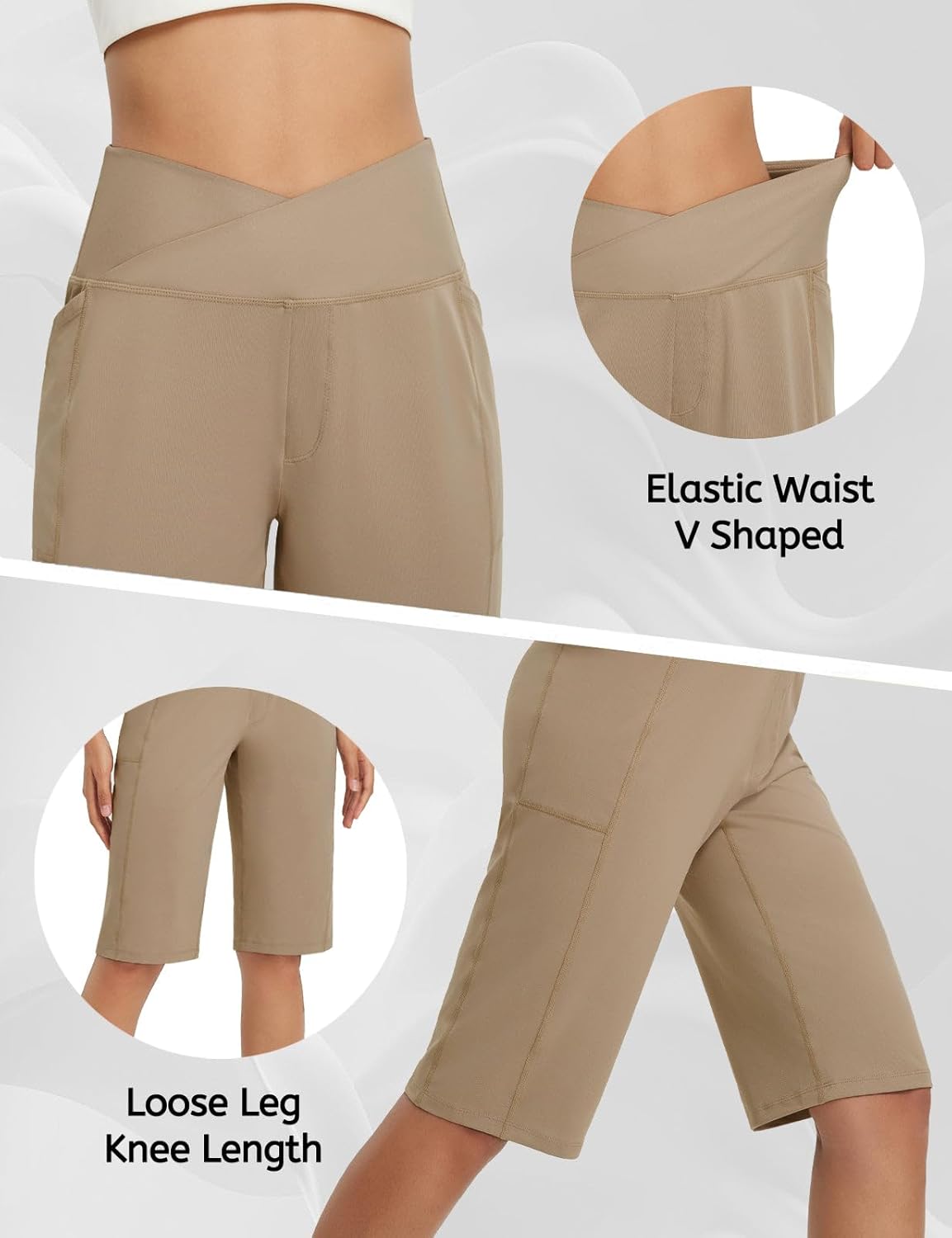 Detalle de baleaf Damen Bermuda Shorts Capri Yogahose mit Taschen – Hohe Taille, Weites Bein, 14" Länge
