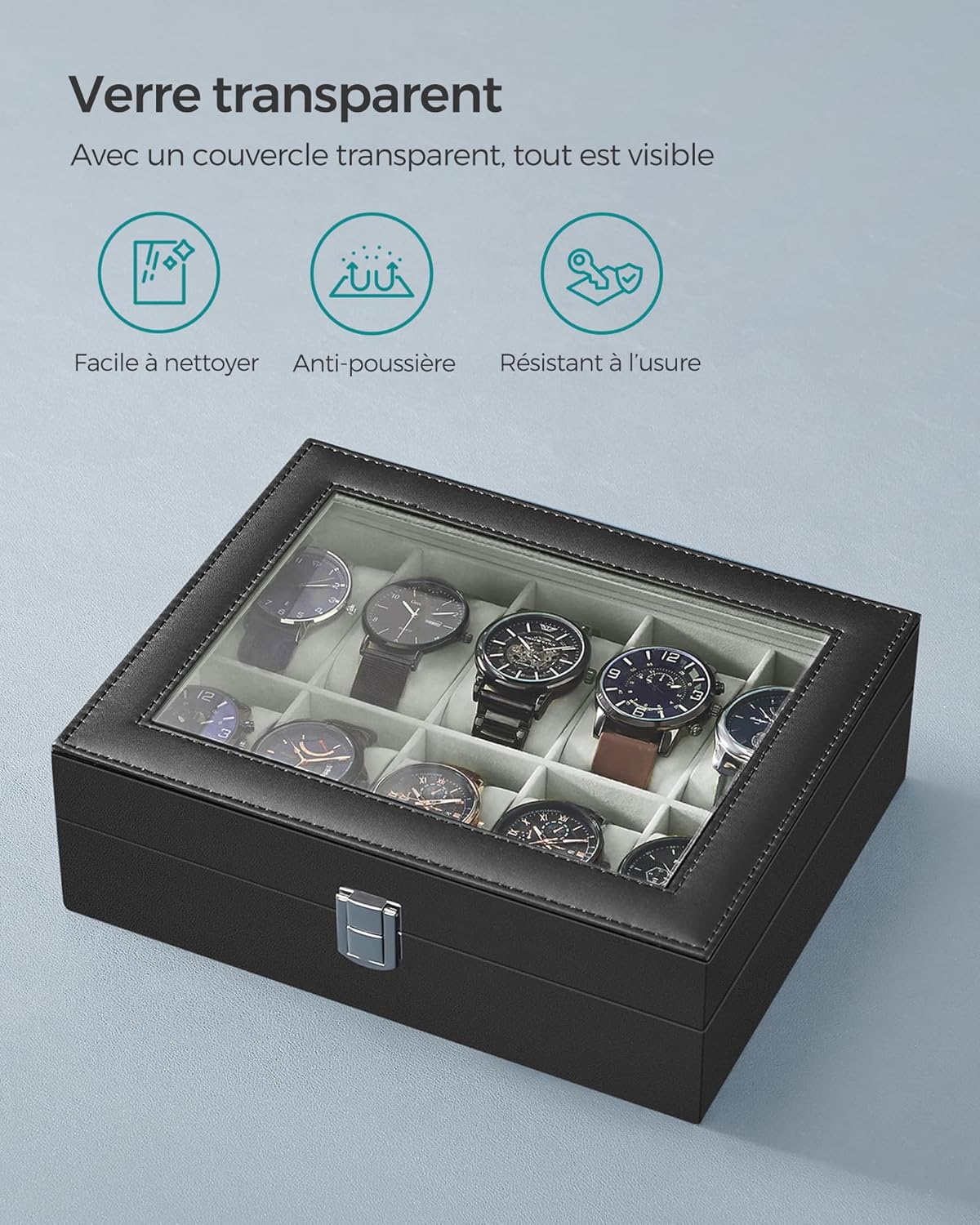 Thumbnail 3 de SONGMICS Boîte à Montres 10 Emplacements JWB010BK — Coffret élégant avec couvercle en verre et intérieur velouté