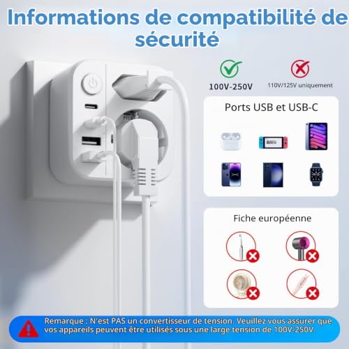 Detalle de Oivneele Adaptateur de voyage 6-en-1 Type A avec 2 ports USB-C et 2 USB-A