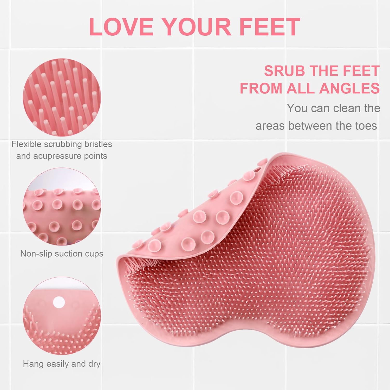 Detalle 2 de ACWOO Shower Foot Scrubber Mat (Pink) – non-slip suction cups foot exfoliation & massage