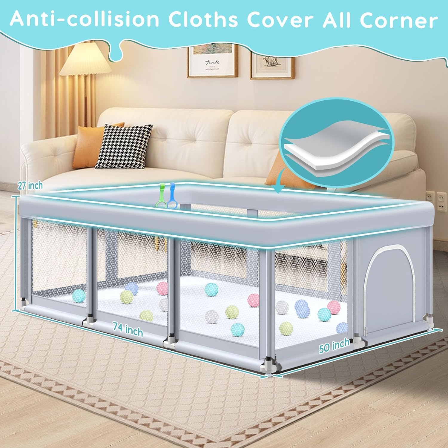 Detalle 2 de Fshibila 74" x 50" x 27" Large Baby Playpen with Mesh, 18 Balls & 2 Handles