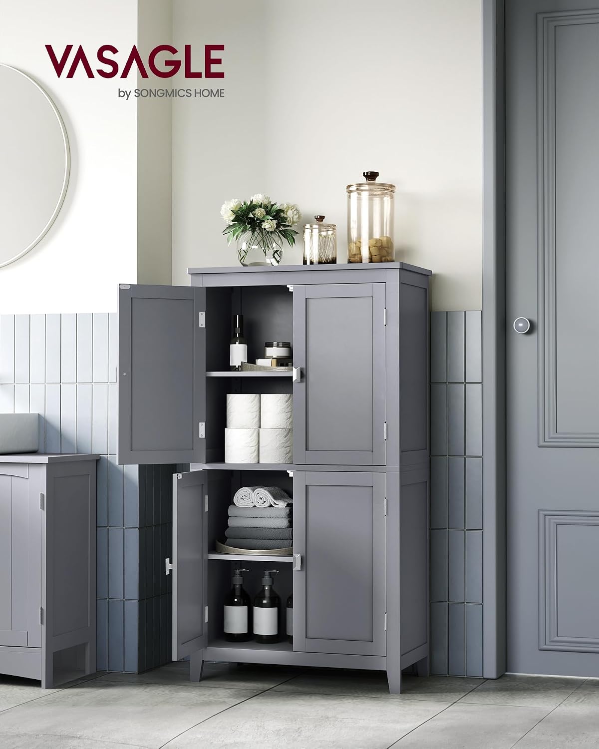 Detalle 2 de VASAGLE HELAN BBC552P36 Bathroom Cabinet, 4 Doors, Adjustable Shelves, Dove Grey