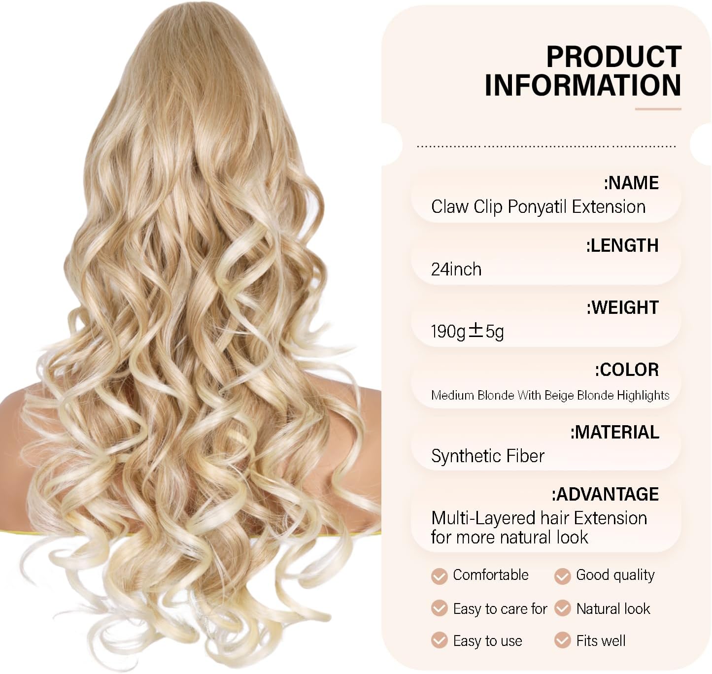 Detalle 1 de ZQIAN BEAUTY 24-Inch Clip-On Ponytail Extension, Curly Waves, Blonde Ombré