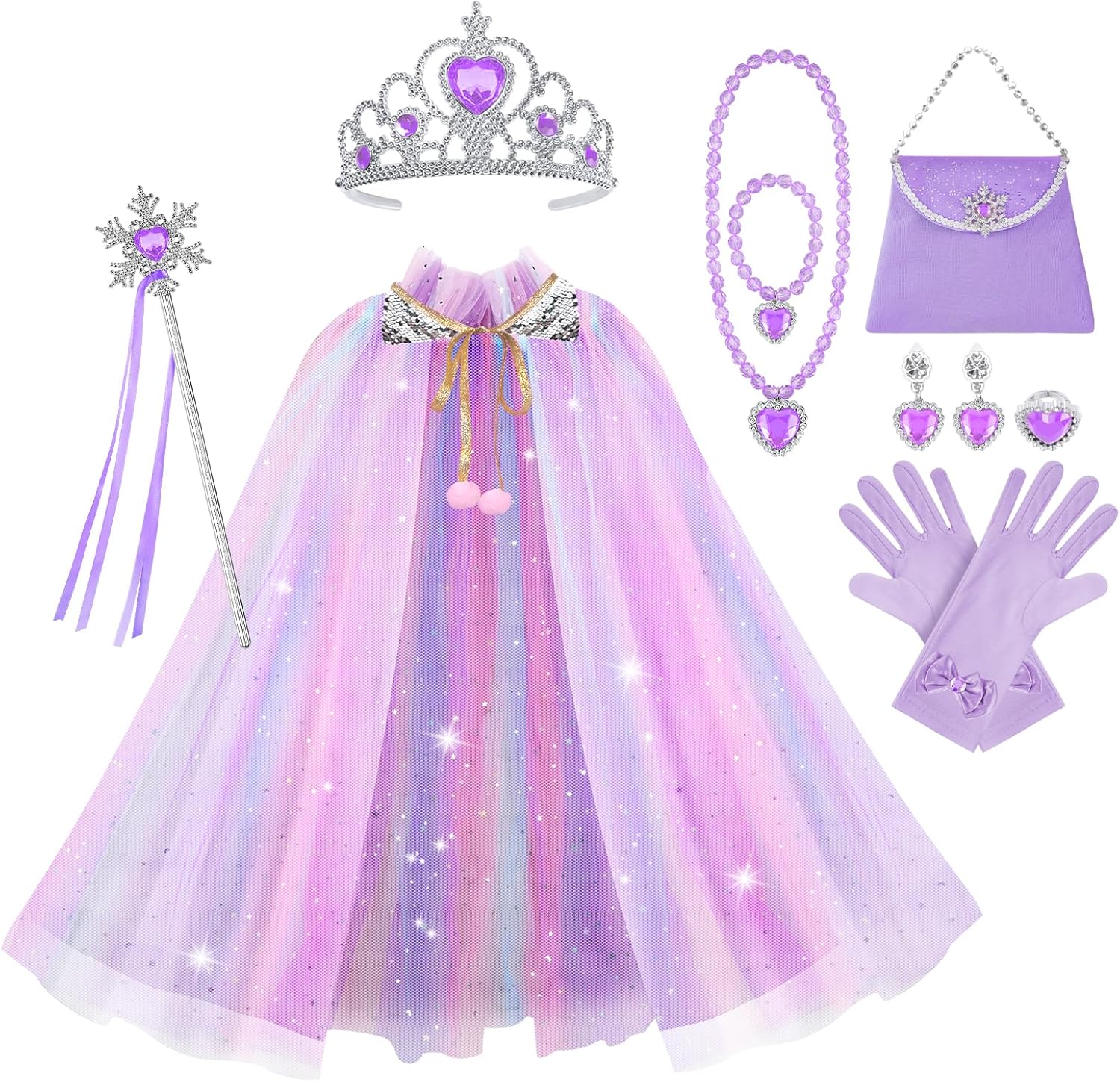 Vicloon Mantello da Principessa viola con paillettes (11 pezzi) + bacchetta, collana e accessori per feste e Halloween