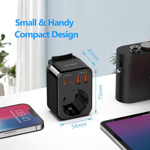 Detalle de JSVER Adaptador de viaje universal con 2 USB-C (PD 20W) y 8 enchufes reemplazables (Type D/G/C/A/I/M/L/J)