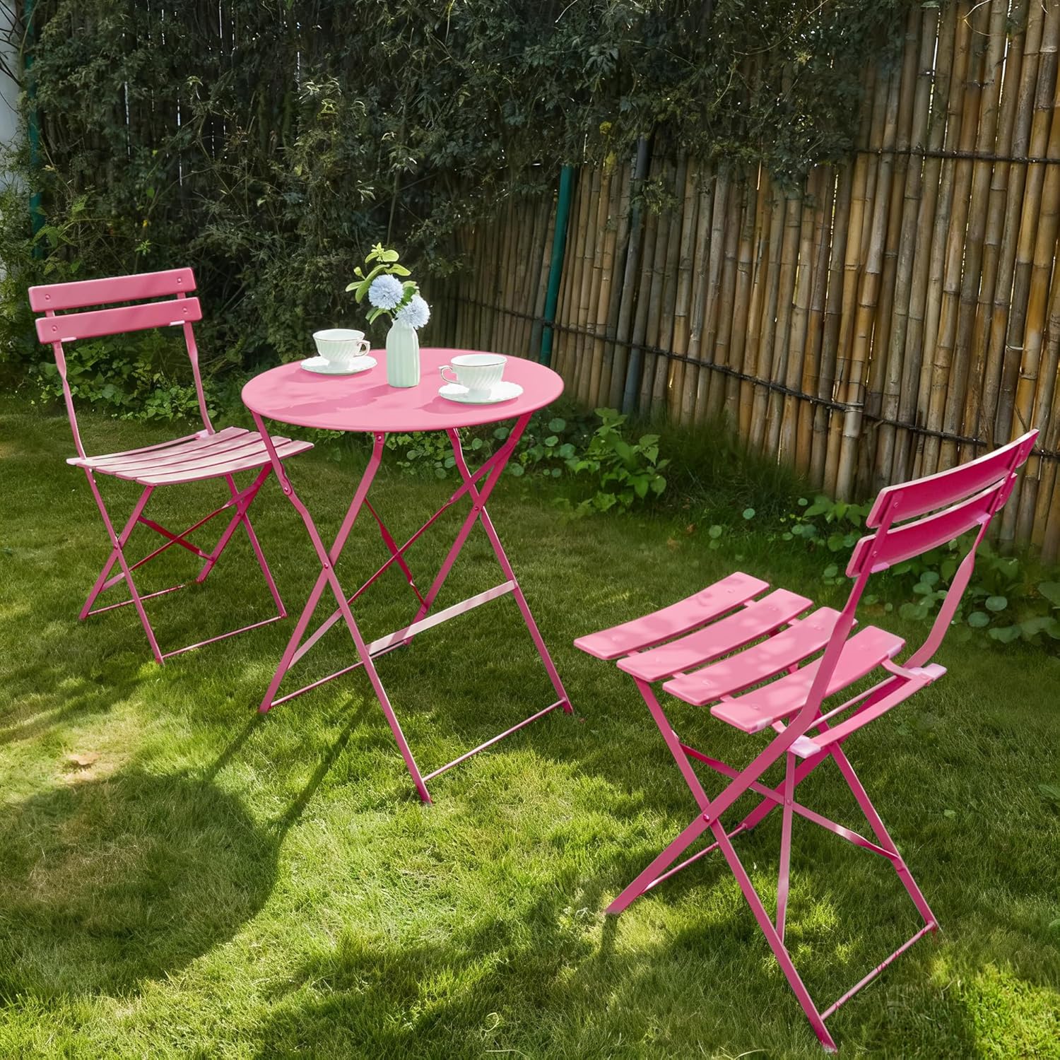 Detalle 2 de RELAX FIELD Folding Bistro Table and Chairs Set (3-piece) for Balcony, Rose Red