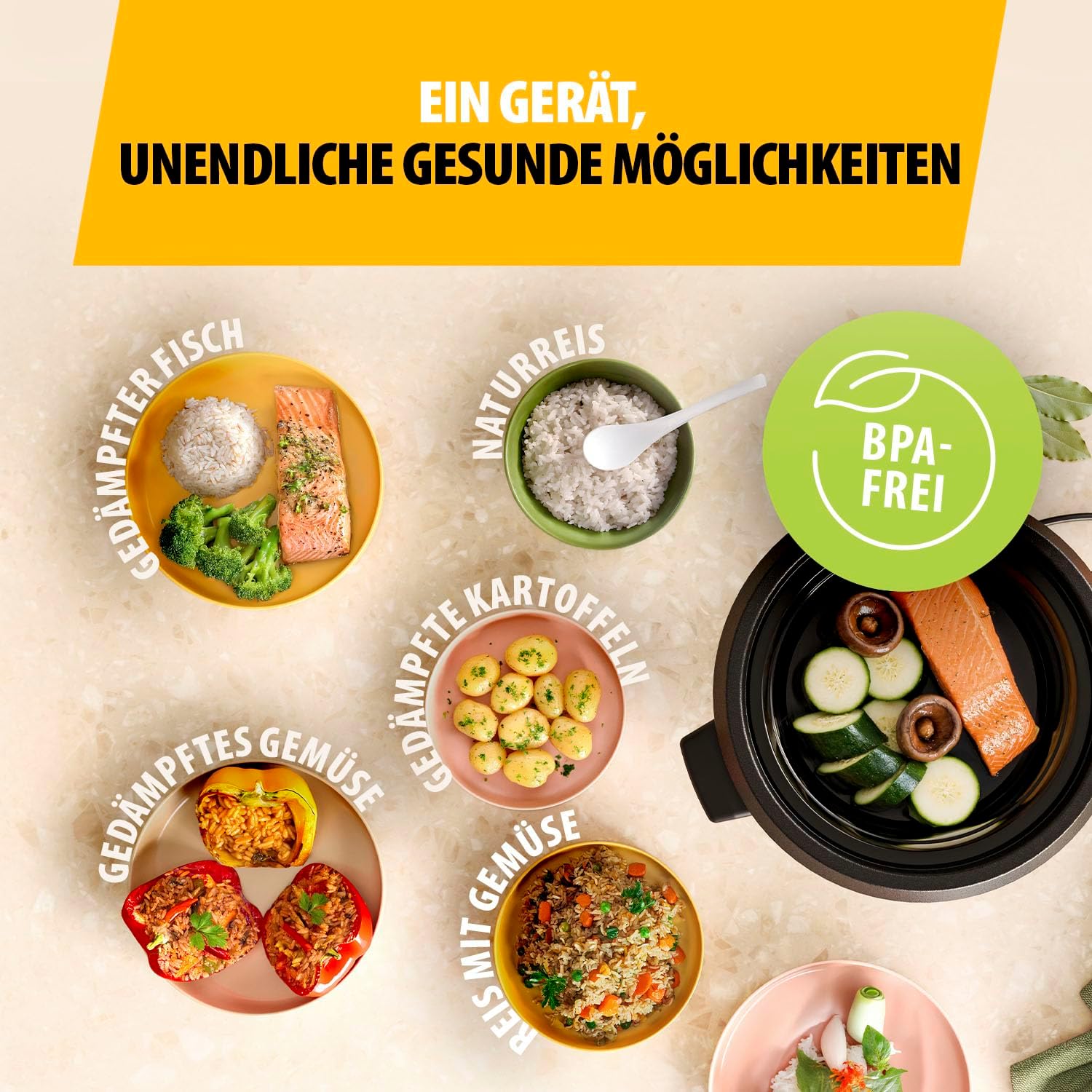 Detalle de Tristar Reiskocher RK-6144 – 1 L Kapazität für bis zu 5 Portionen, Edelstahlgehäuse, Dampfeinsatz, Antihaft-Innentopf, Warmhaltefunktion