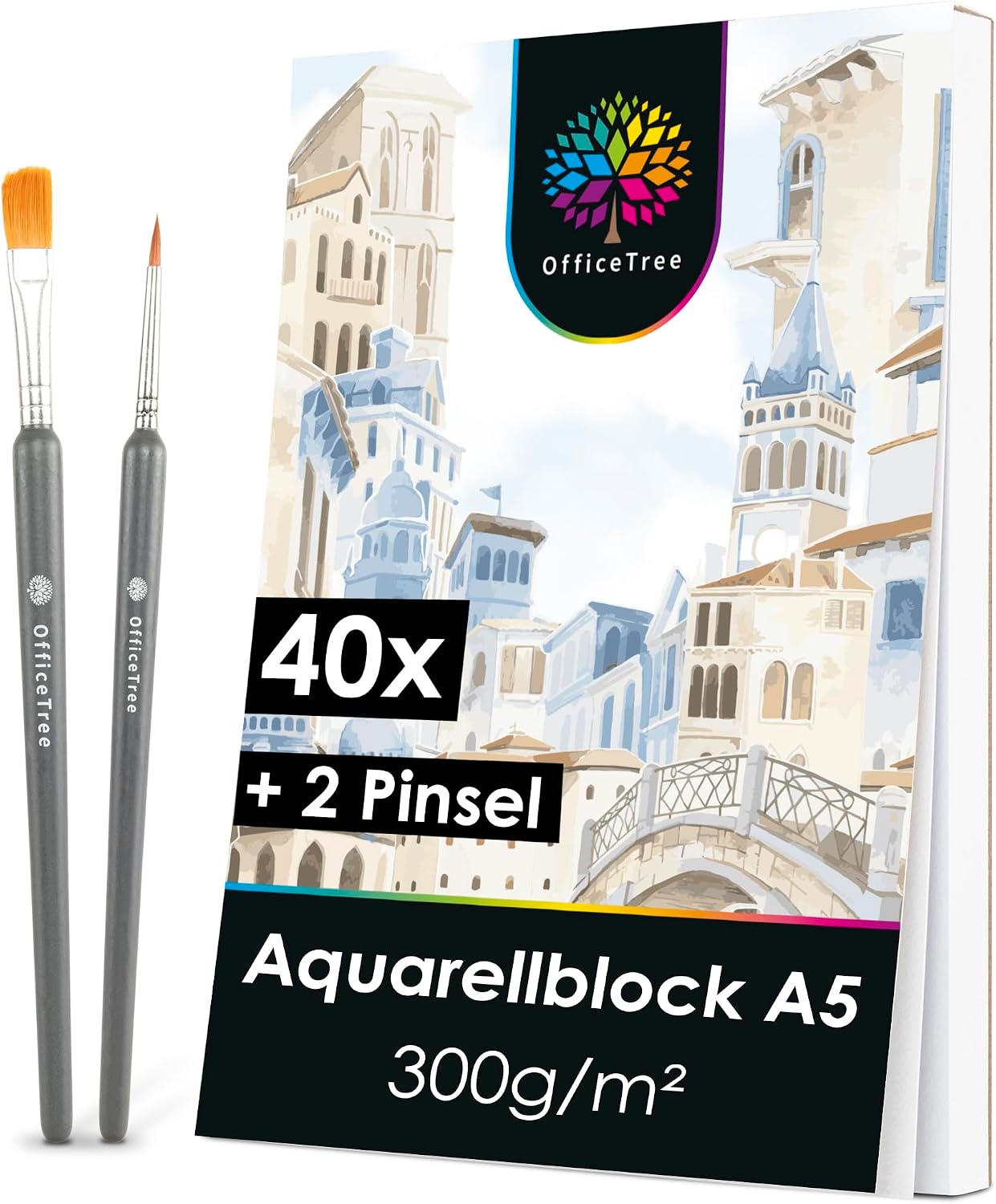 Detalle de Aquarellblock A5 300 g mit 2 Pinseln