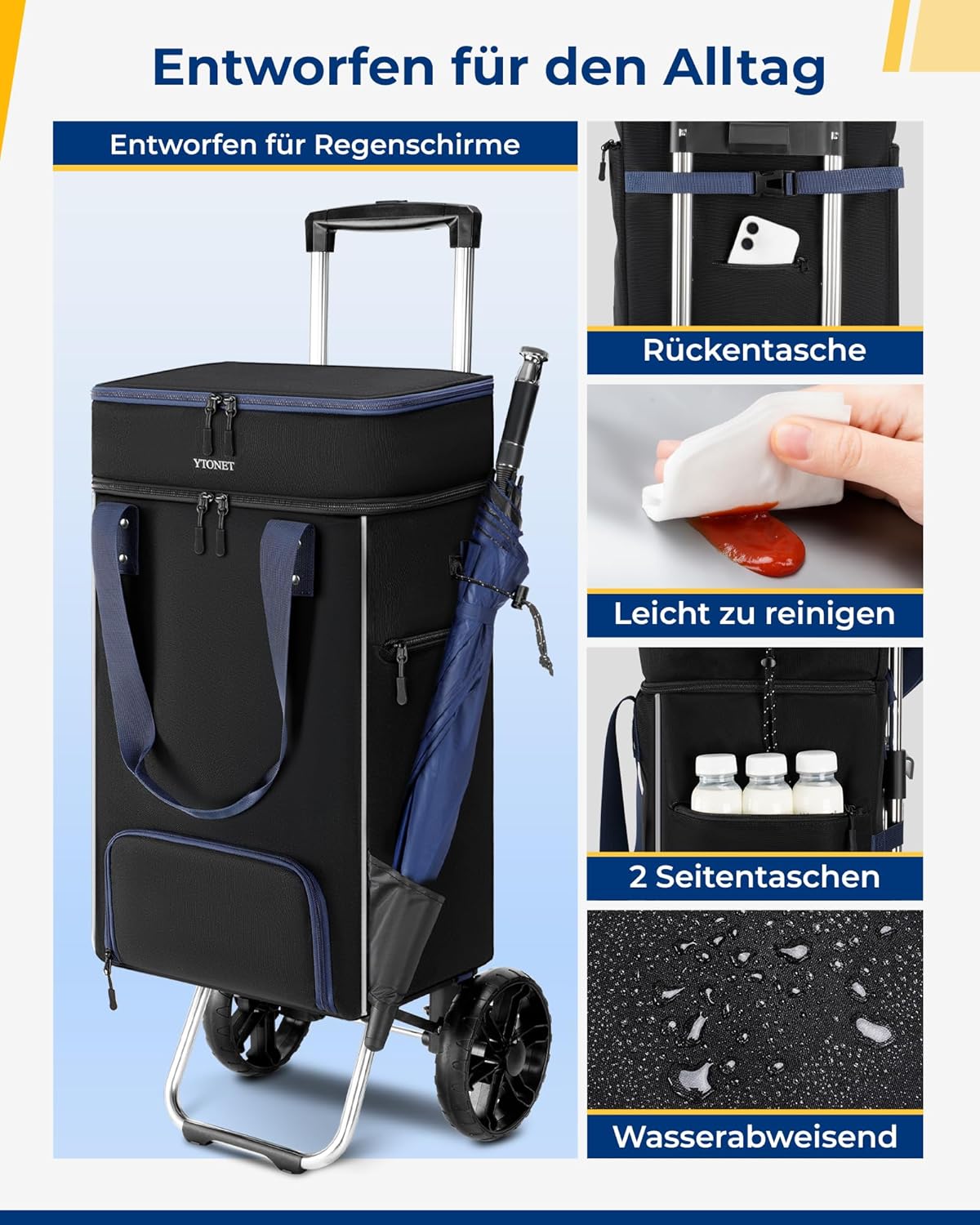Detalle 2 de Ytonet Einkaufstrolley klappbar mit Kühlfach (3 Fächer, 55 Liter, bis 68 kg) – Shopping Trolley & Tasche, schwarz