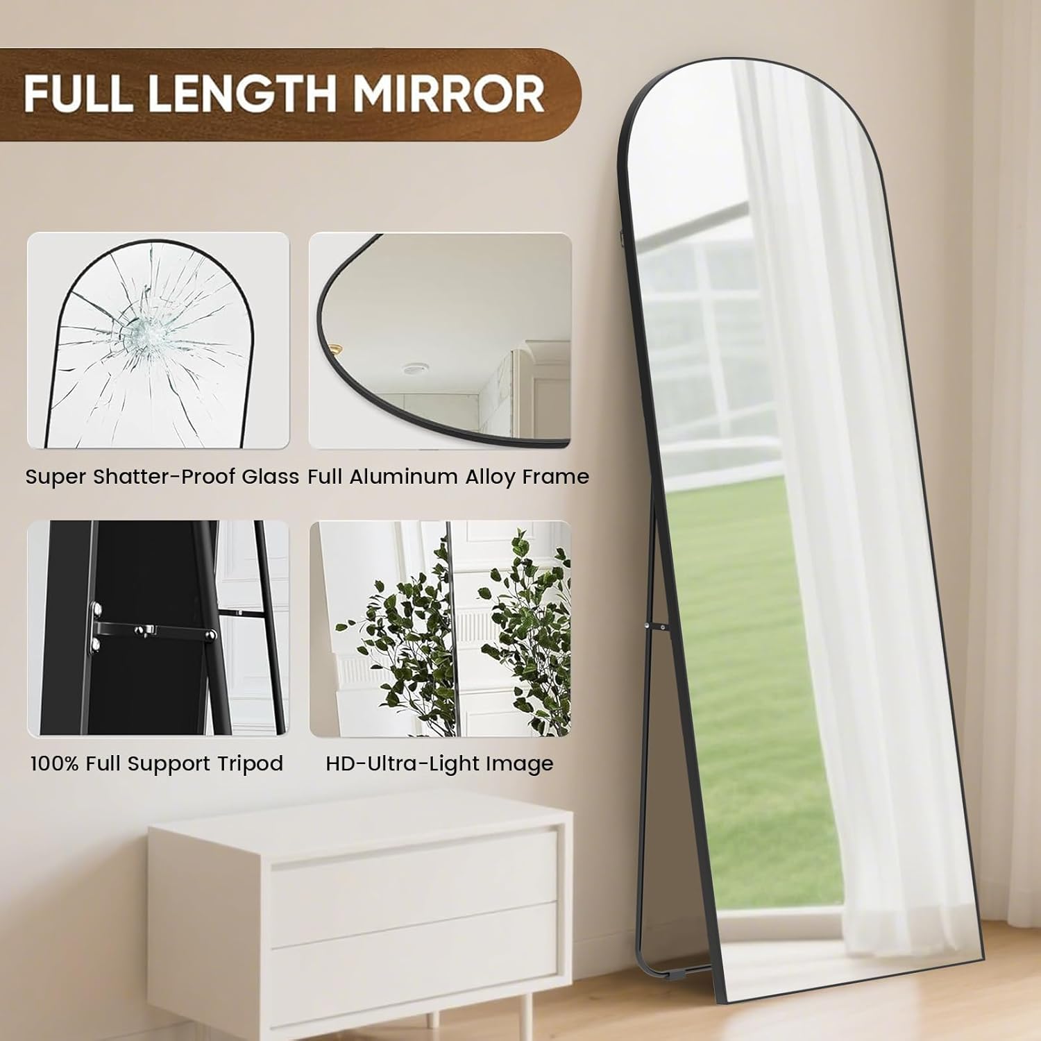 Thumbnail 3 de Hamlody Miroir sur pied arqué 162 x 52 cm noir à cadre en aluminium