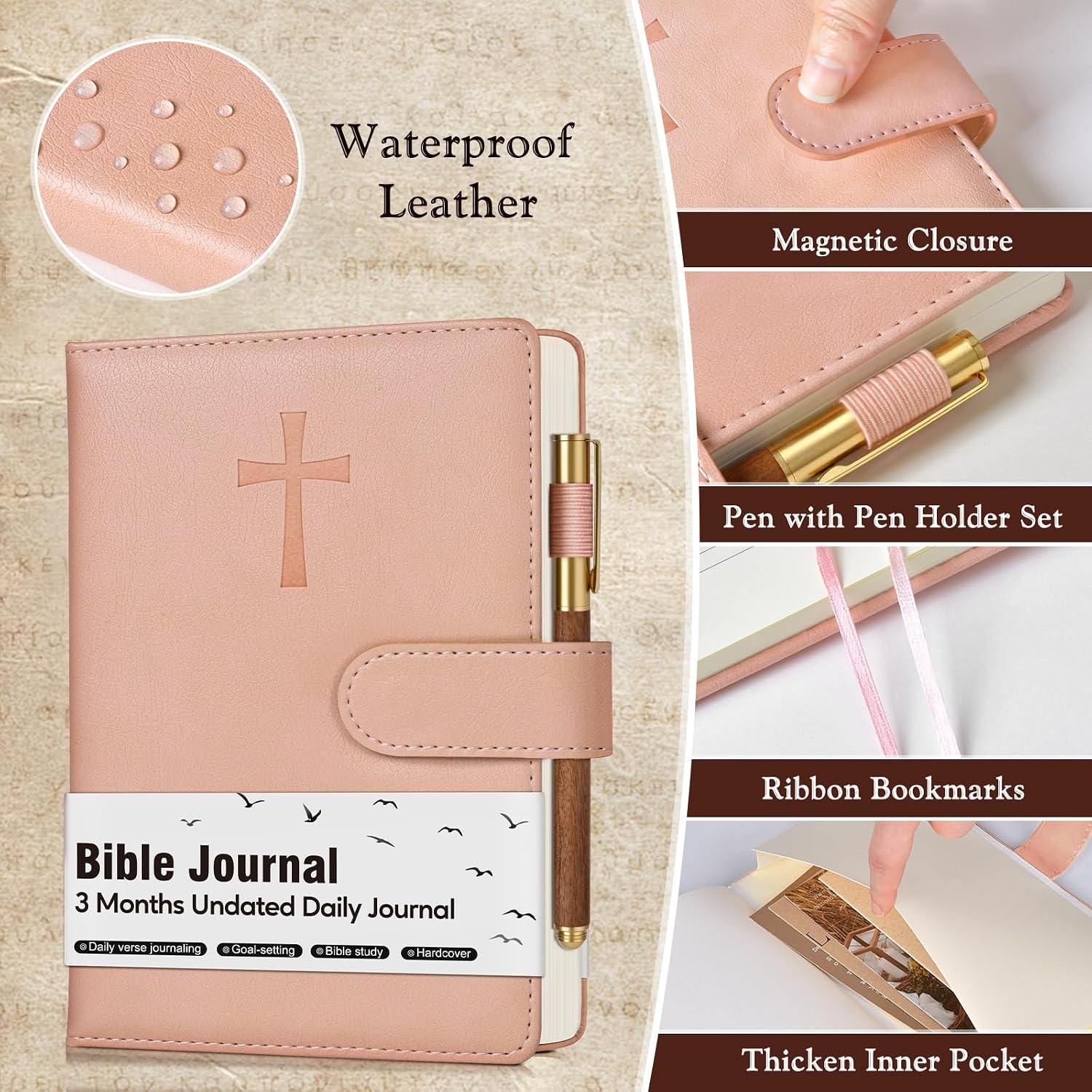 Detalle 2 de PAPEJOON 03 Leather Bible Journal, Pink A5 Prayer and Scripture Notebook