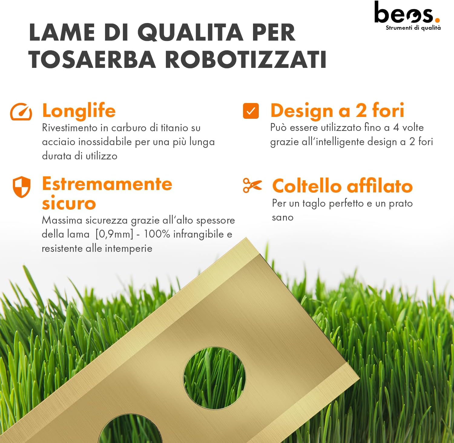 Detalle 2 de Beos 30 x Lame di Ricambio Premium Titan + Viti con Blocco – Lame per Worx, LandXcape, Einhell, Kress
