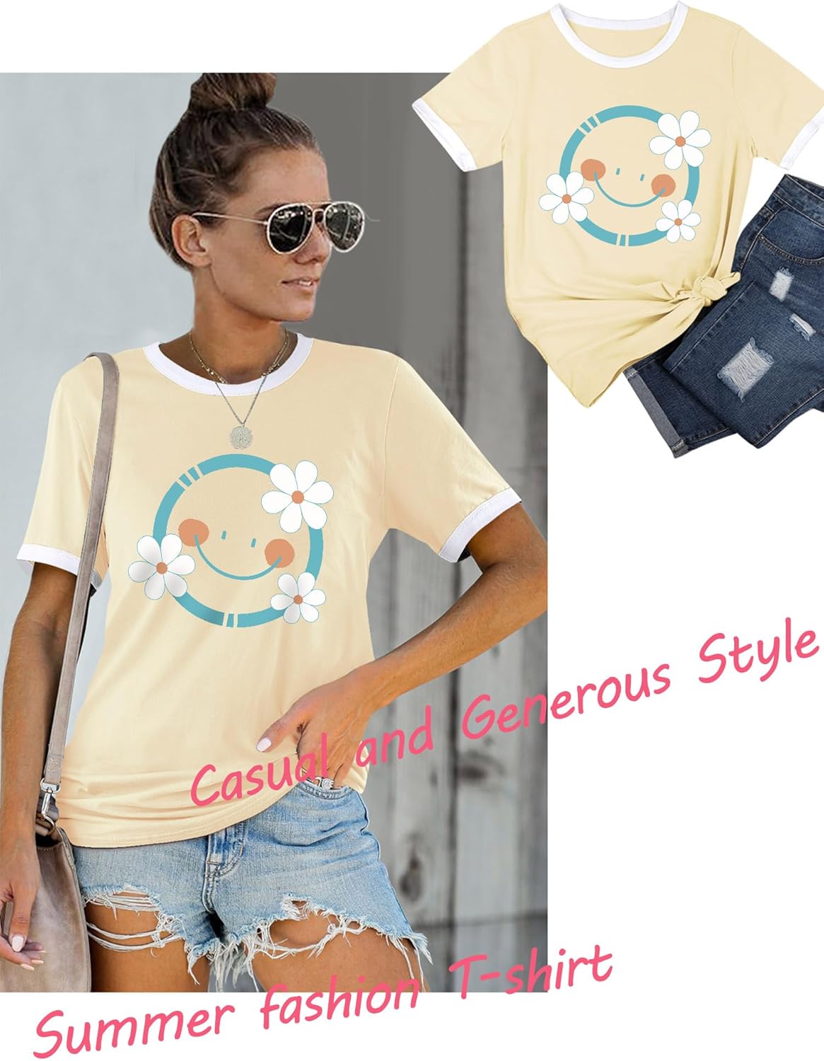 Thumbnail 3 de WIEIYM Women Daisy Floral Short Sleeve Cotton T-Shirt – Casual Boho Summer Tee